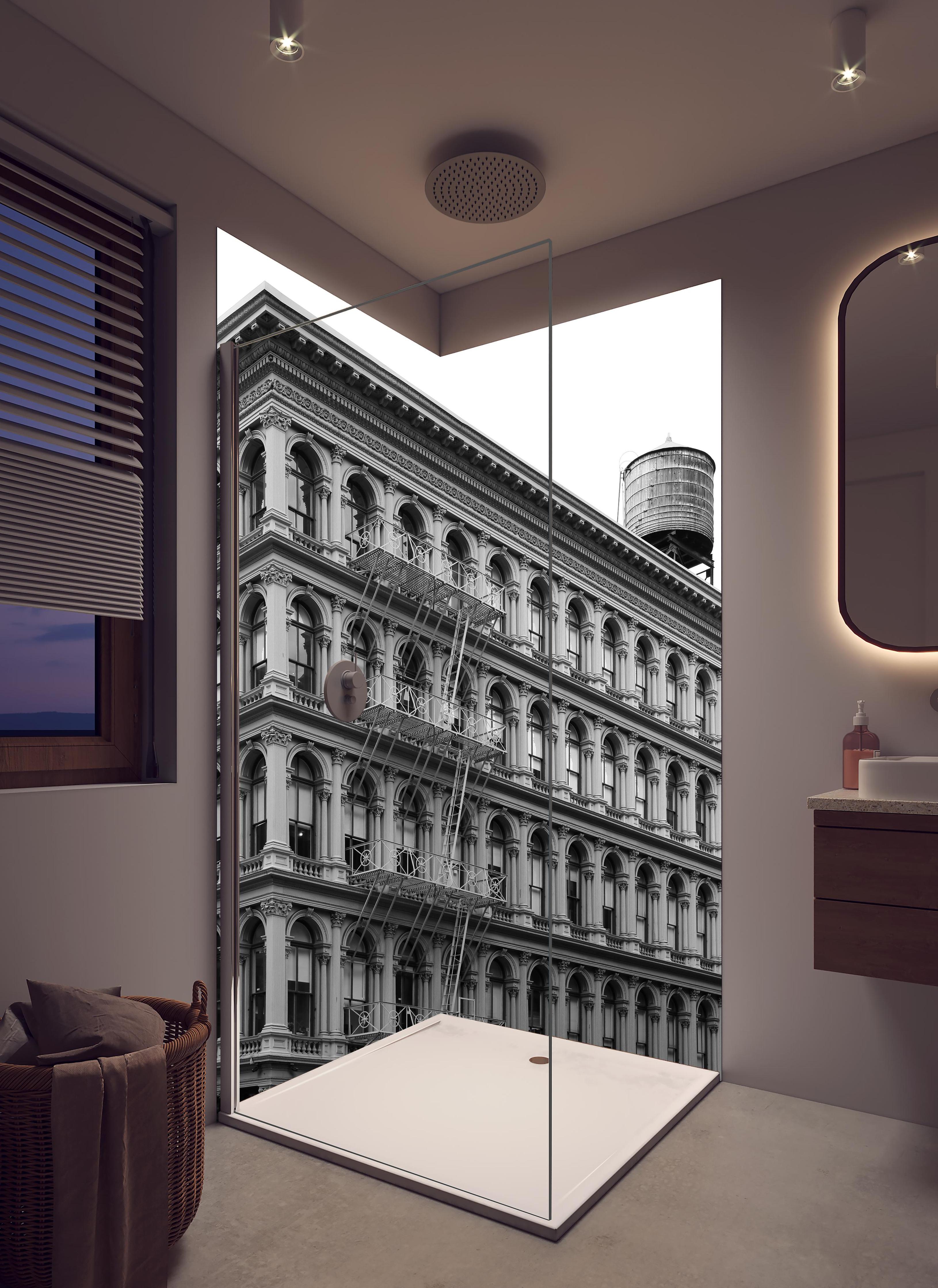 Duschrückwand - Gräuliches Foto - Architektur in NYC in hellem Badezimmer mit Regenduschkopf - zweiteilige Eck-Duschrückwand