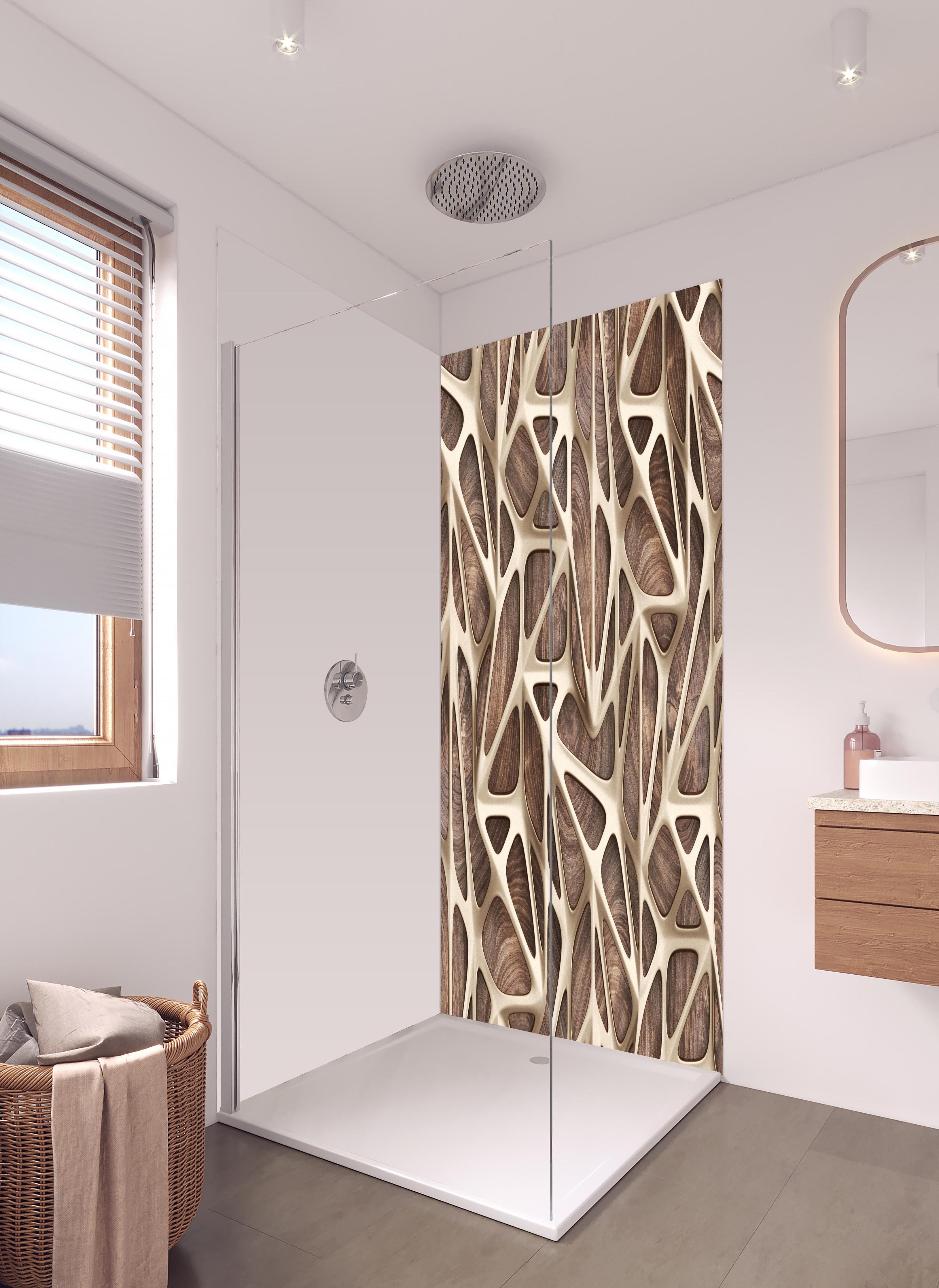 Duschrückwand - Gräuliches Gitter Muster in hellem Badezimmer mit Regenduschkopf - zweiteilige Eck-Duschrückwand