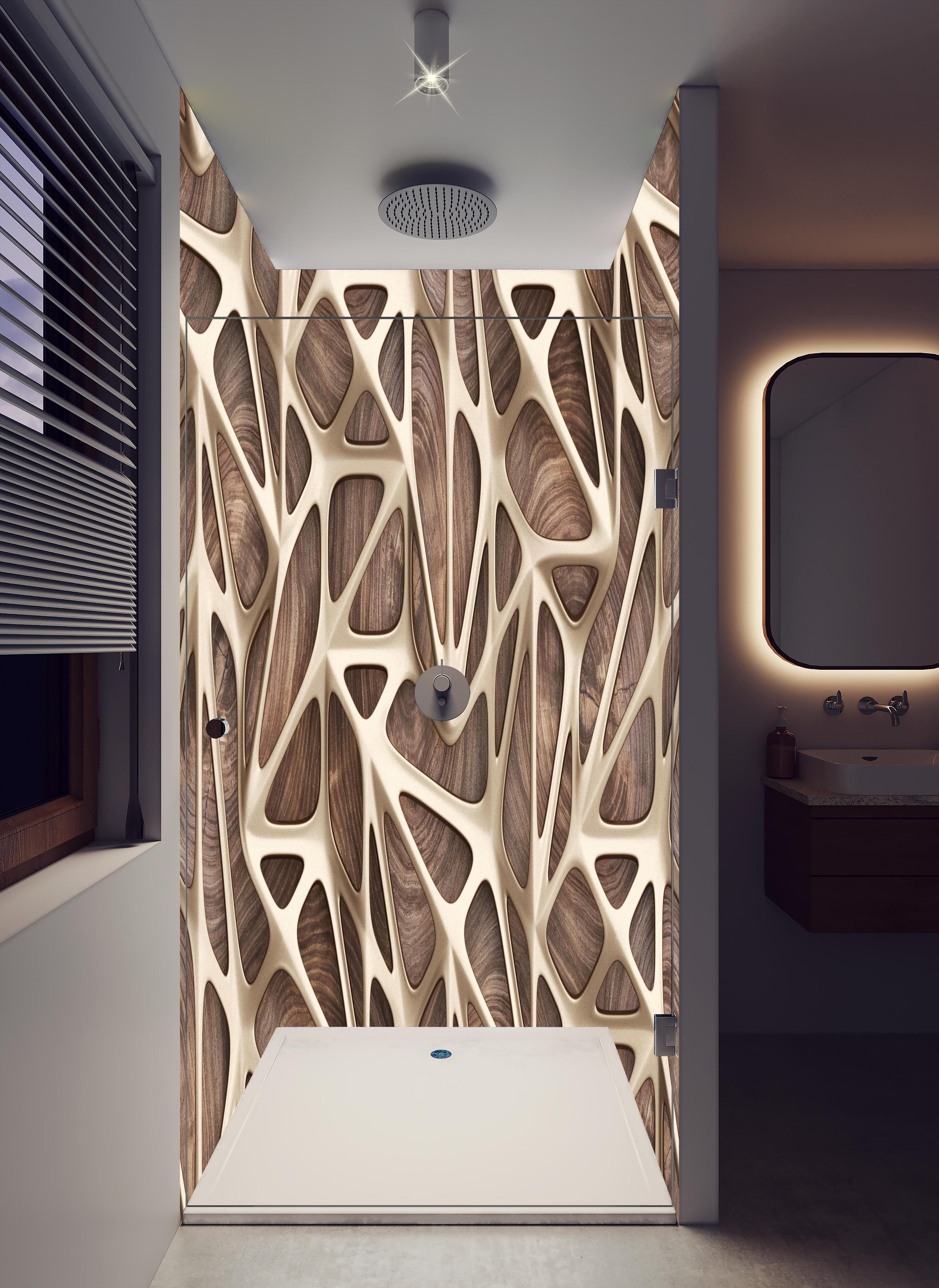 Duschrückwand - Gräuliches Gitter Muster in hellem Badezimmer mit Regenduschkopf - zweiteilige Eck-Duschrückwand