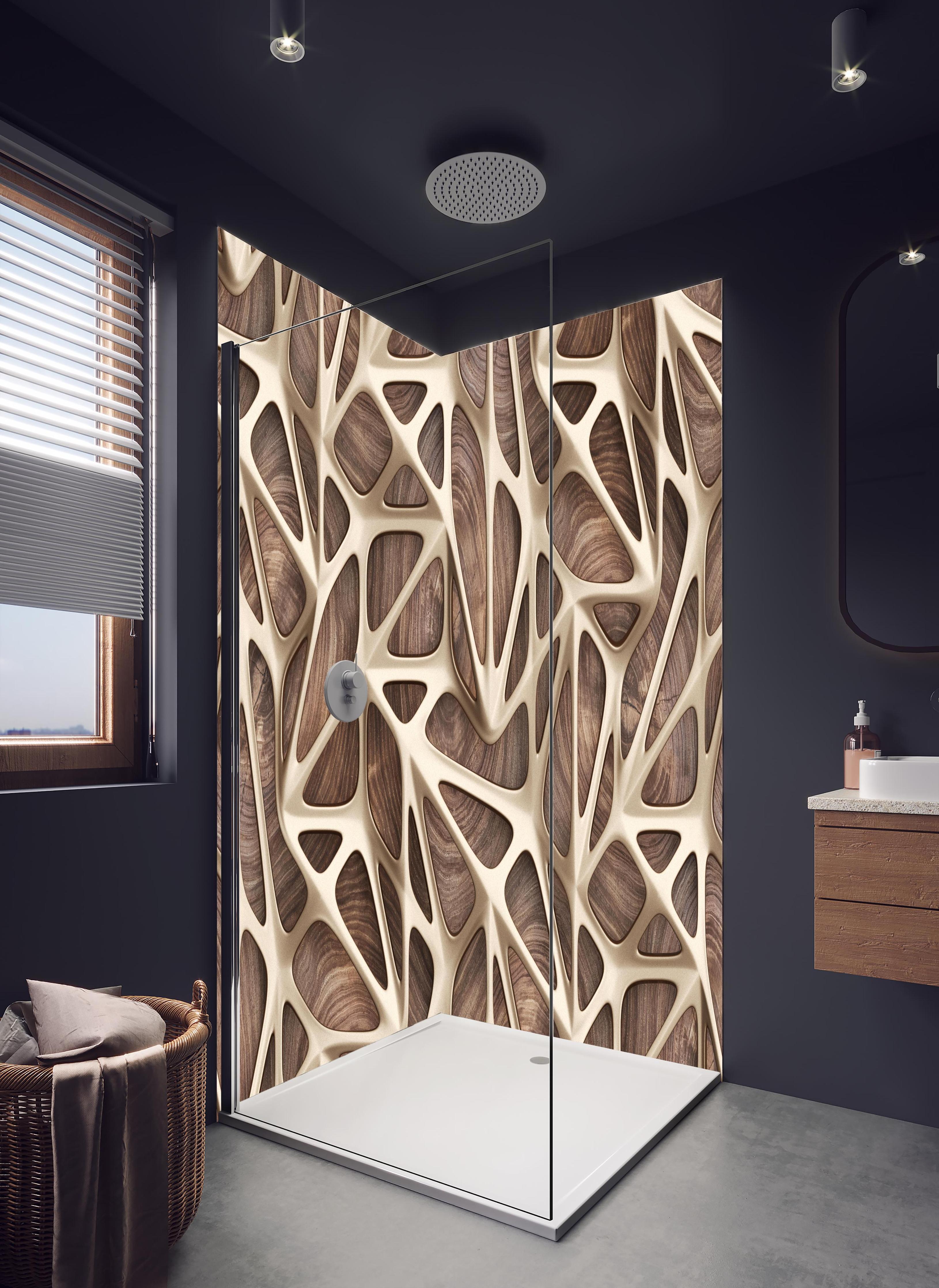 Duschrückwand - Gräuliches Gitter Muster in hellem Badezimmer mit Regenduschkopf - zweiteilige Eck-Duschrückwand