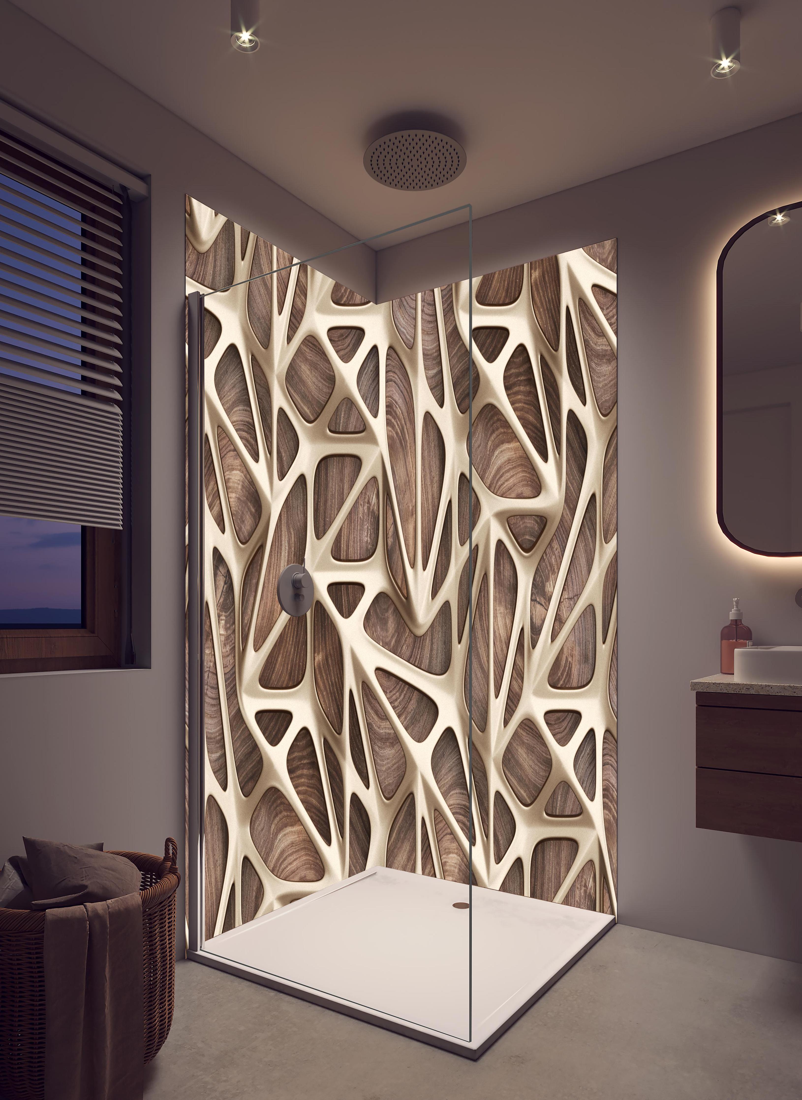 Duschrückwand - Gräuliches Gitter Muster in hellem Badezimmer mit Regenduschkopf - zweiteilige Eck-Duschrückwand