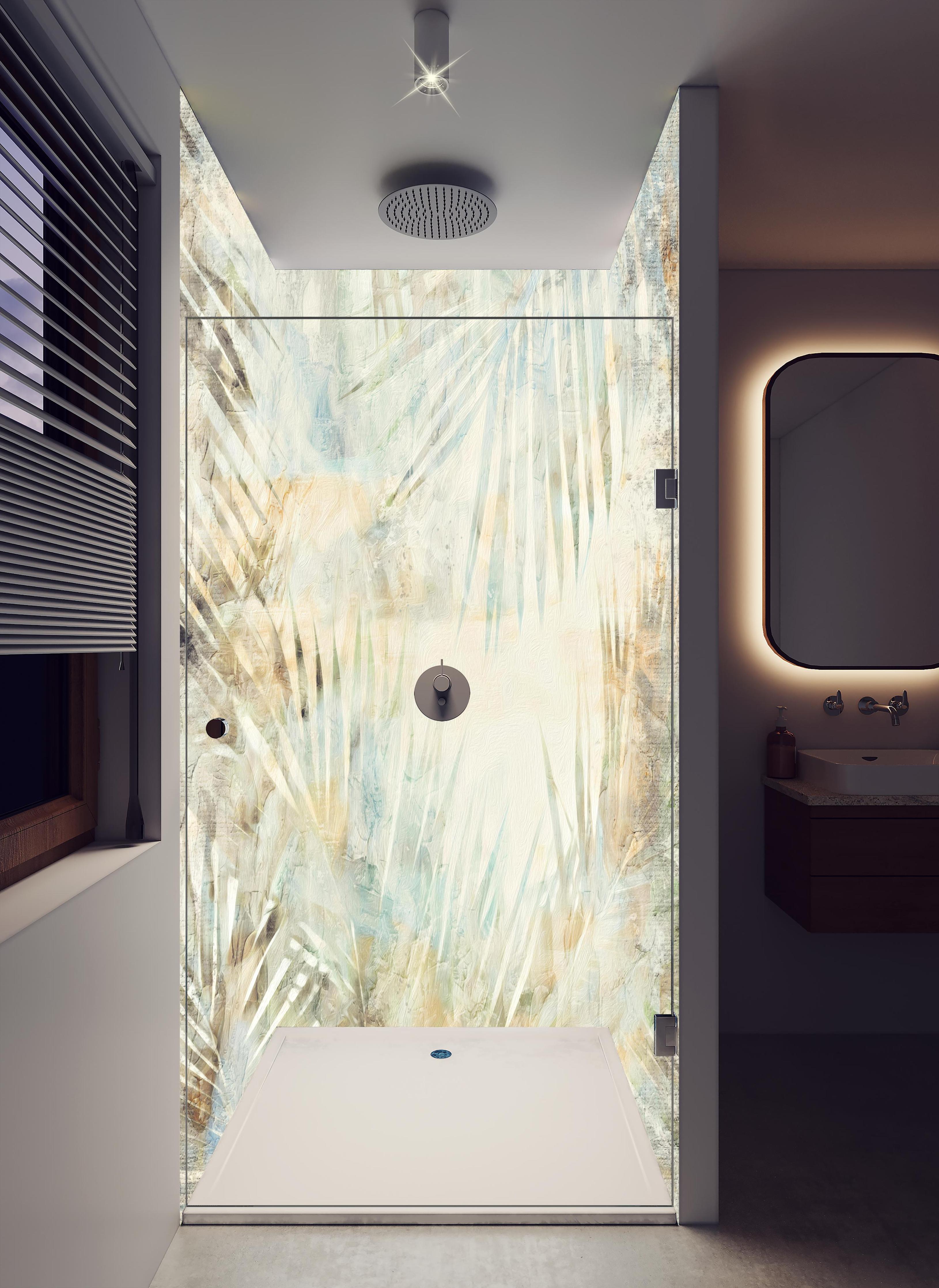 Duschrückwand - Gräuliches Palmenblatt Muster in hellem Badezimmer mit Regenduschkopf - zweiteilige Eck-Duschrückwand