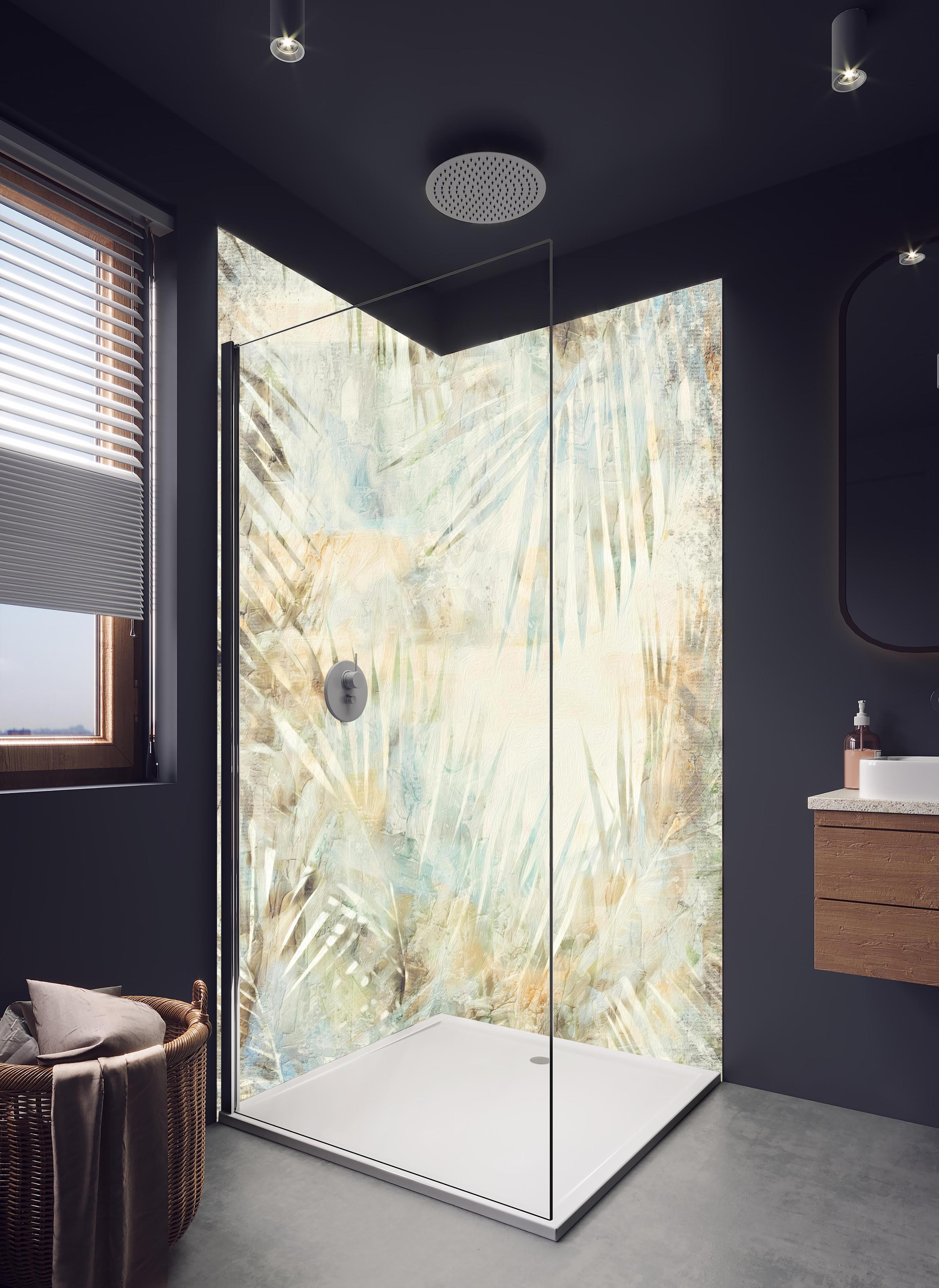 Duschrückwand - Gräuliches Palmenblatt Muster in hellem Badezimmer mit Regenduschkopf - zweiteilige Eck-Duschrückwand