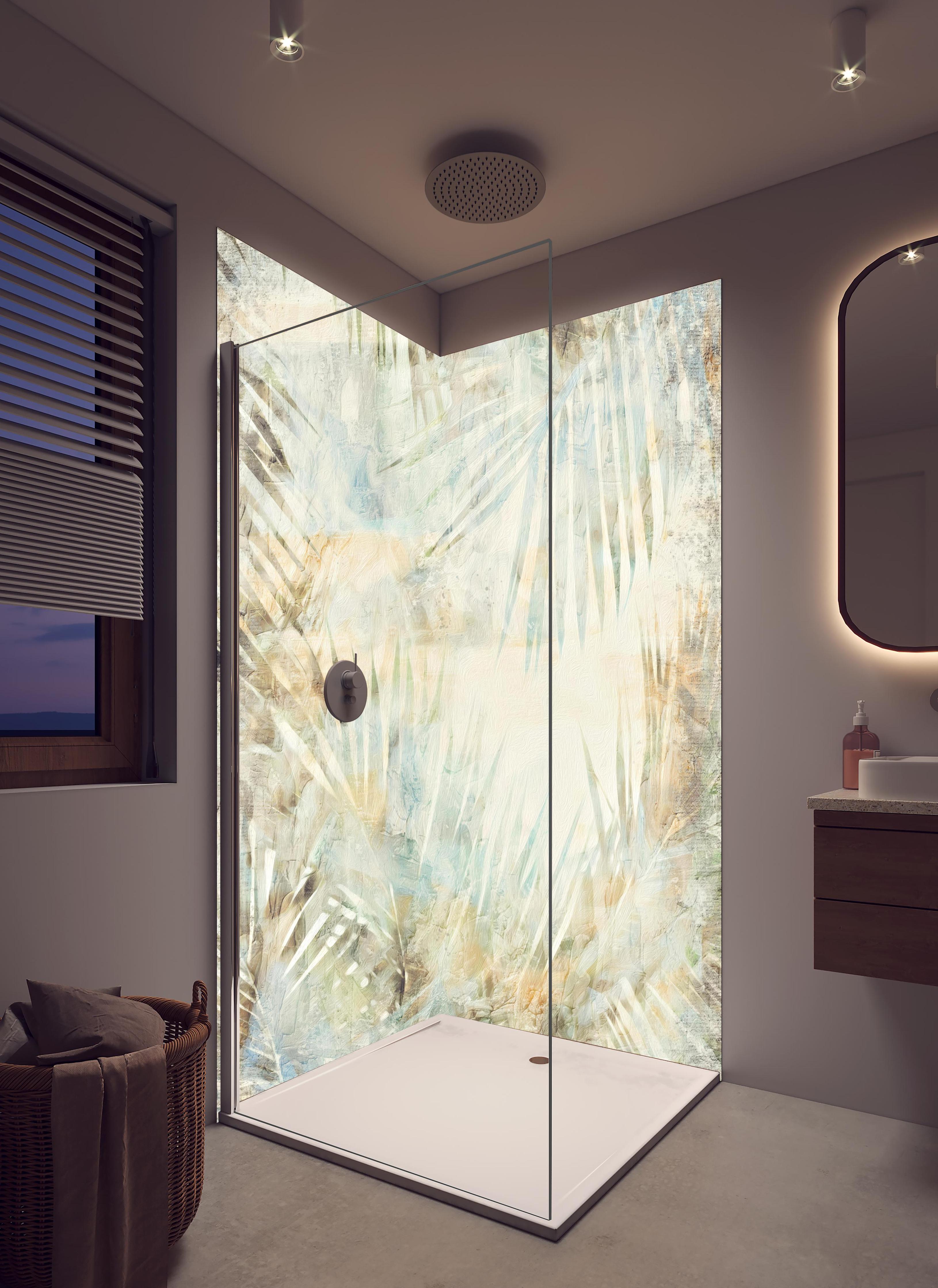 Duschrückwand - Gräuliches Palmenblatt Muster in hellem Badezimmer mit Regenduschkopf - zweiteilige Eck-Duschrückwand