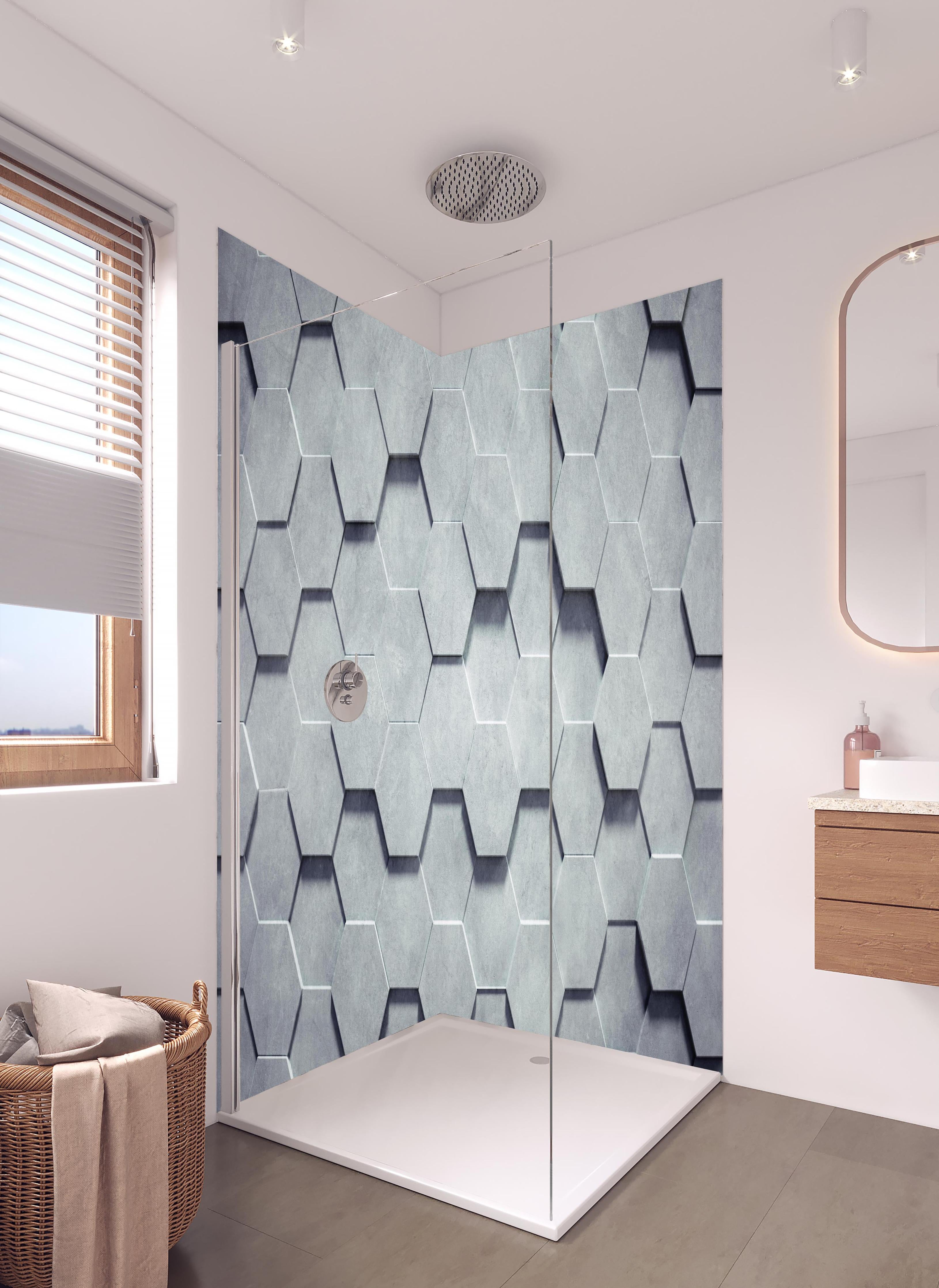 Duschrückwand - Gräuliches Wabenmuster in hellem Badezimmer mit Regenduschkopf - zweiteilige Eck-Duschrückwand