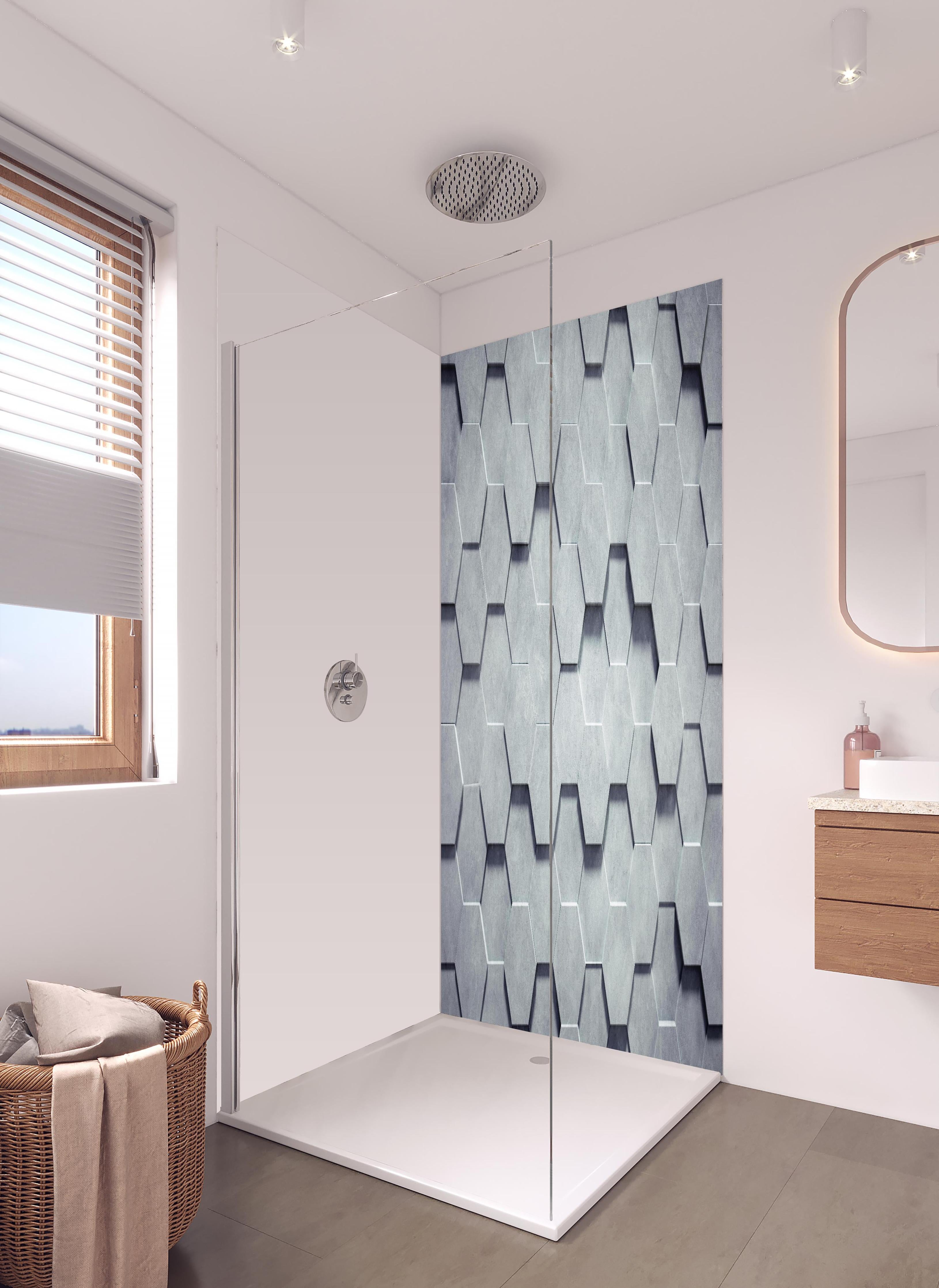 Duschrückwand - Gräuliches Wabenmuster in hellem Badezimmer mit Regenduschkopf - zweiteilige Eck-Duschrückwand