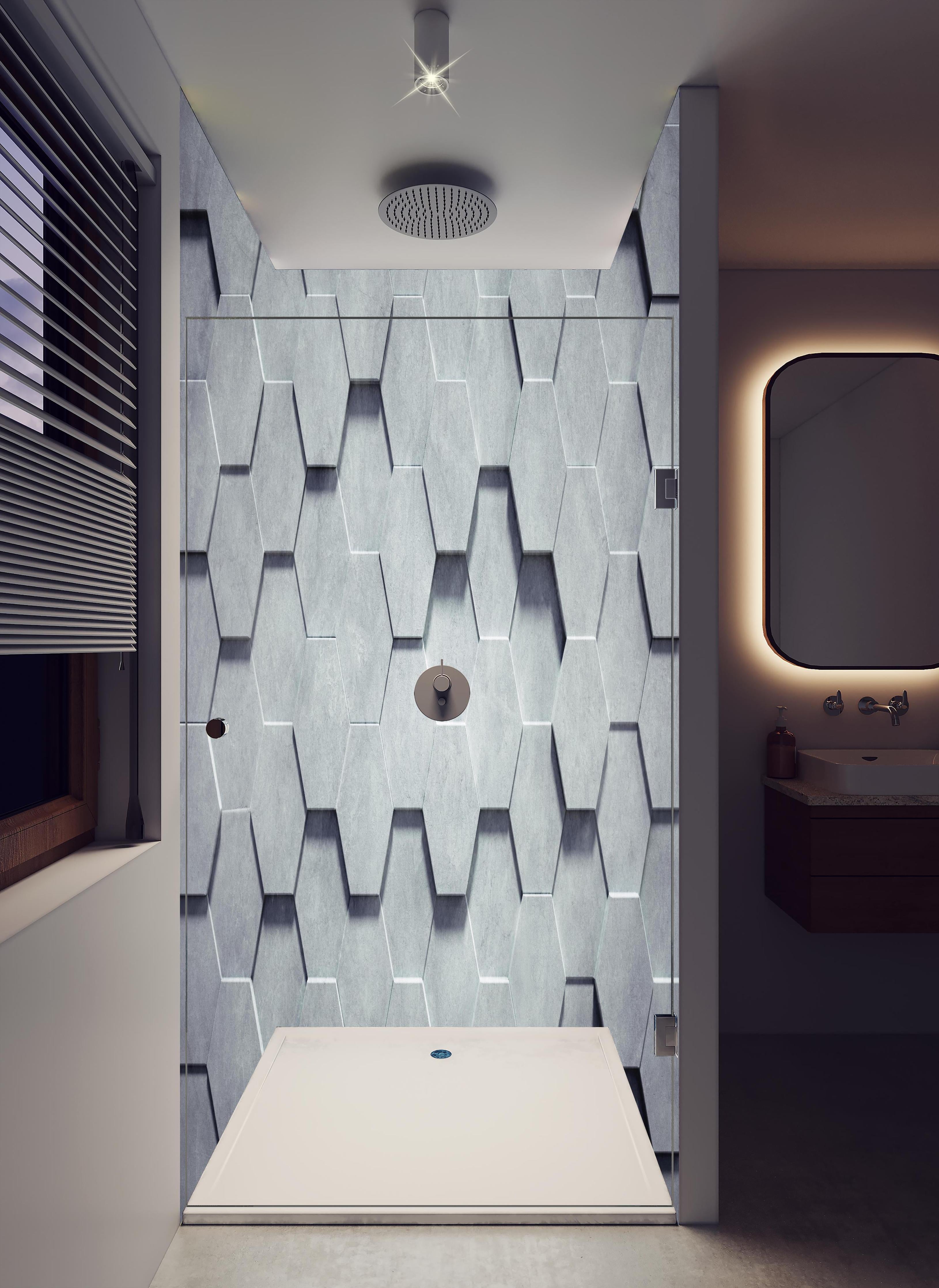 Duschrückwand - Gräuliches Wabenmuster in hellem Badezimmer mit Regenduschkopf - zweiteilige Eck-Duschrückwand