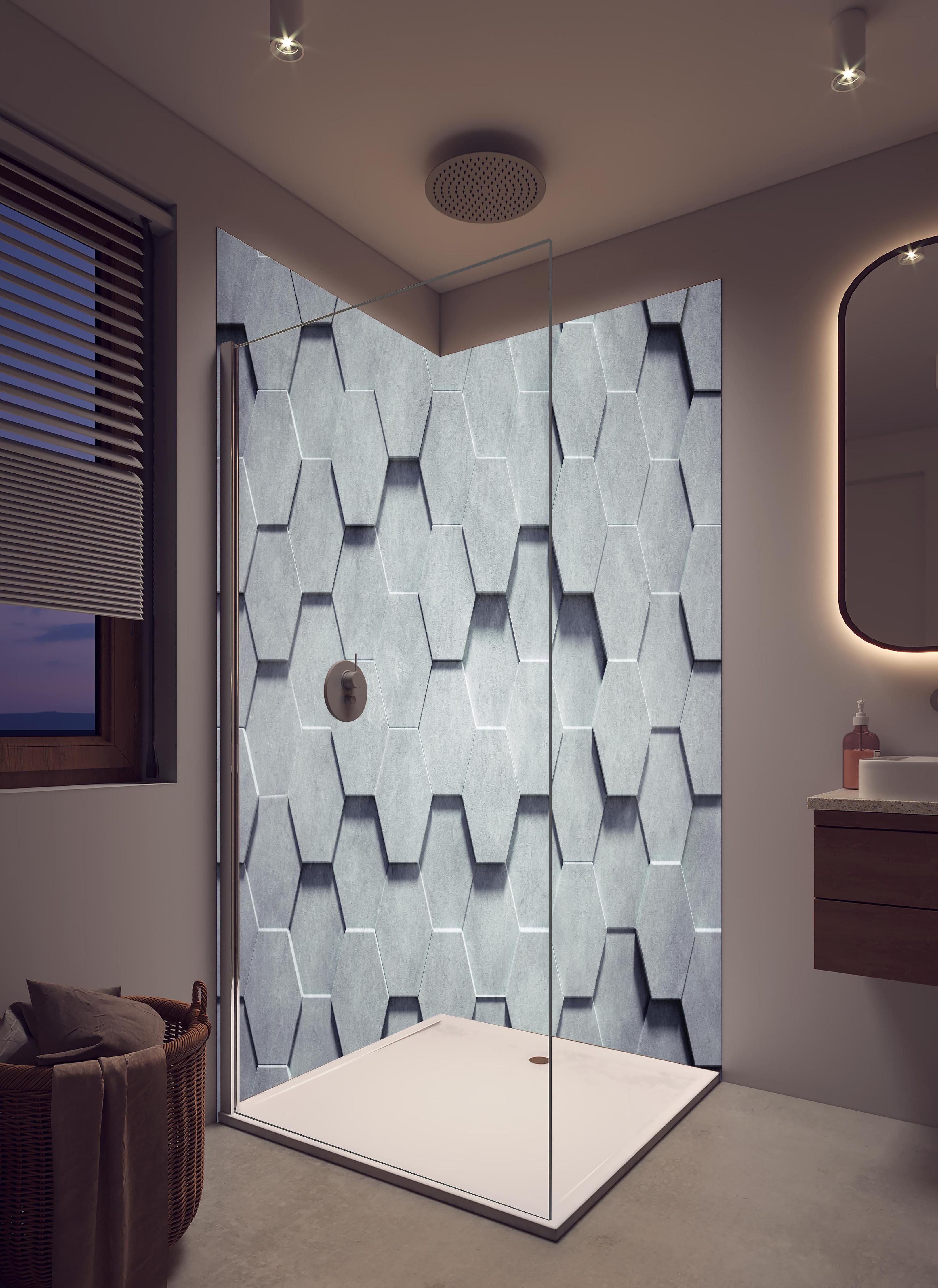 Duschrückwand - Gräuliches Wabenmuster in hellem Badezimmer mit Regenduschkopf - zweiteilige Eck-Duschrückwand