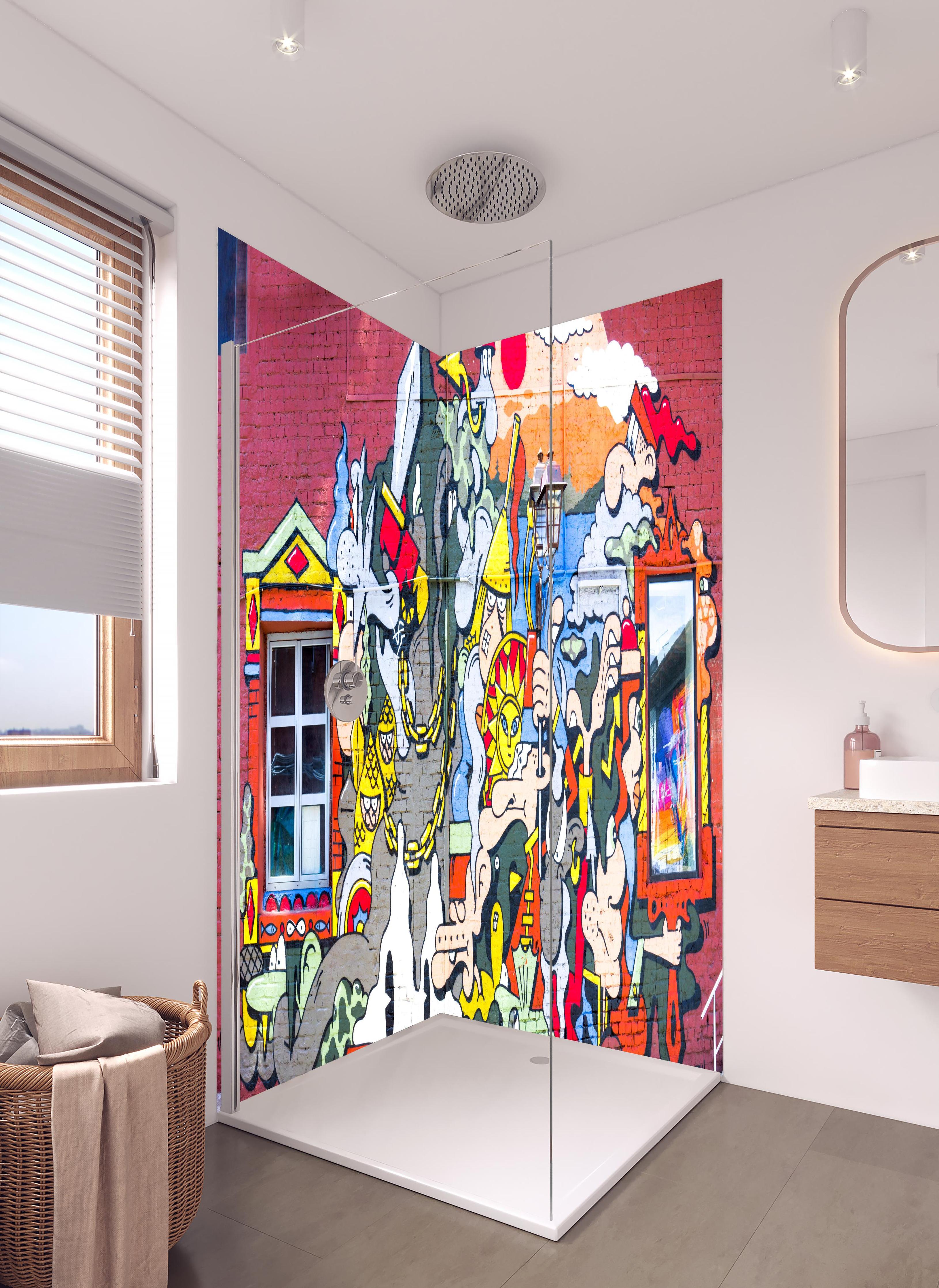Duschrückwand - Graffiti Wand - Urban Streetstyle in hellem Badezimmer mit Regenduschkopf - zweiteilige Eck-Duschrückwand