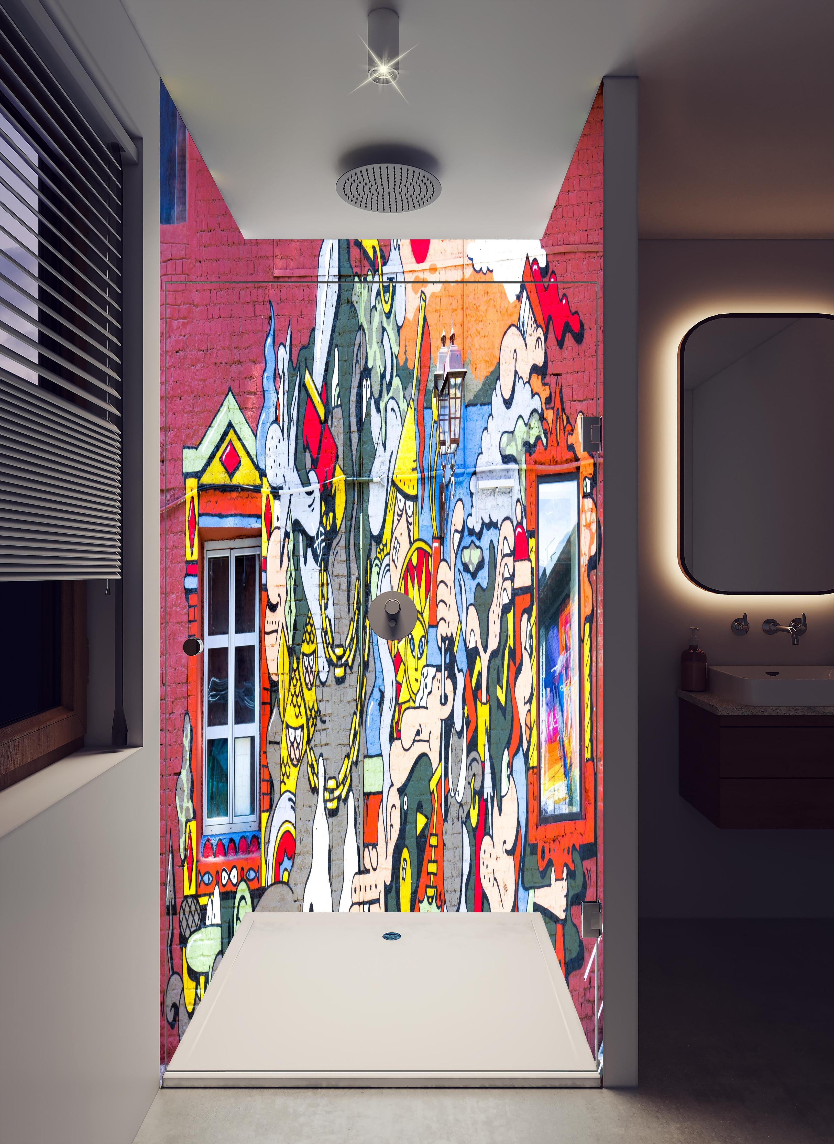 Duschrückwand - Graffiti Wand - Urban Streetstyle in hellem Badezimmer mit Regenduschkopf - zweiteilige Eck-Duschrückwand