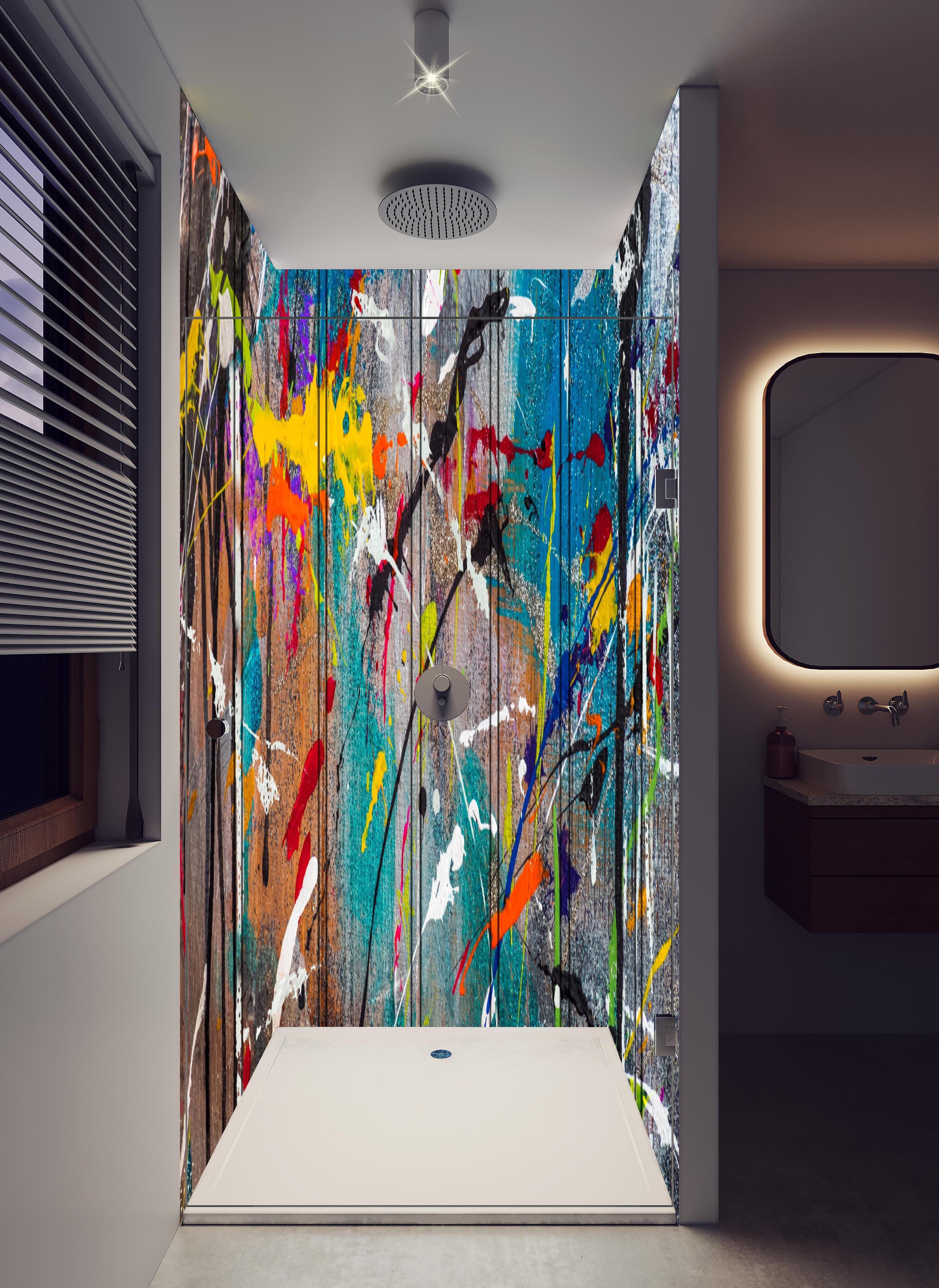 Duschrückwand - Graffiti auf Holz in hellem Badezimmer mit Regenduschkopf - zweiteilige Eck-Duschrückwand