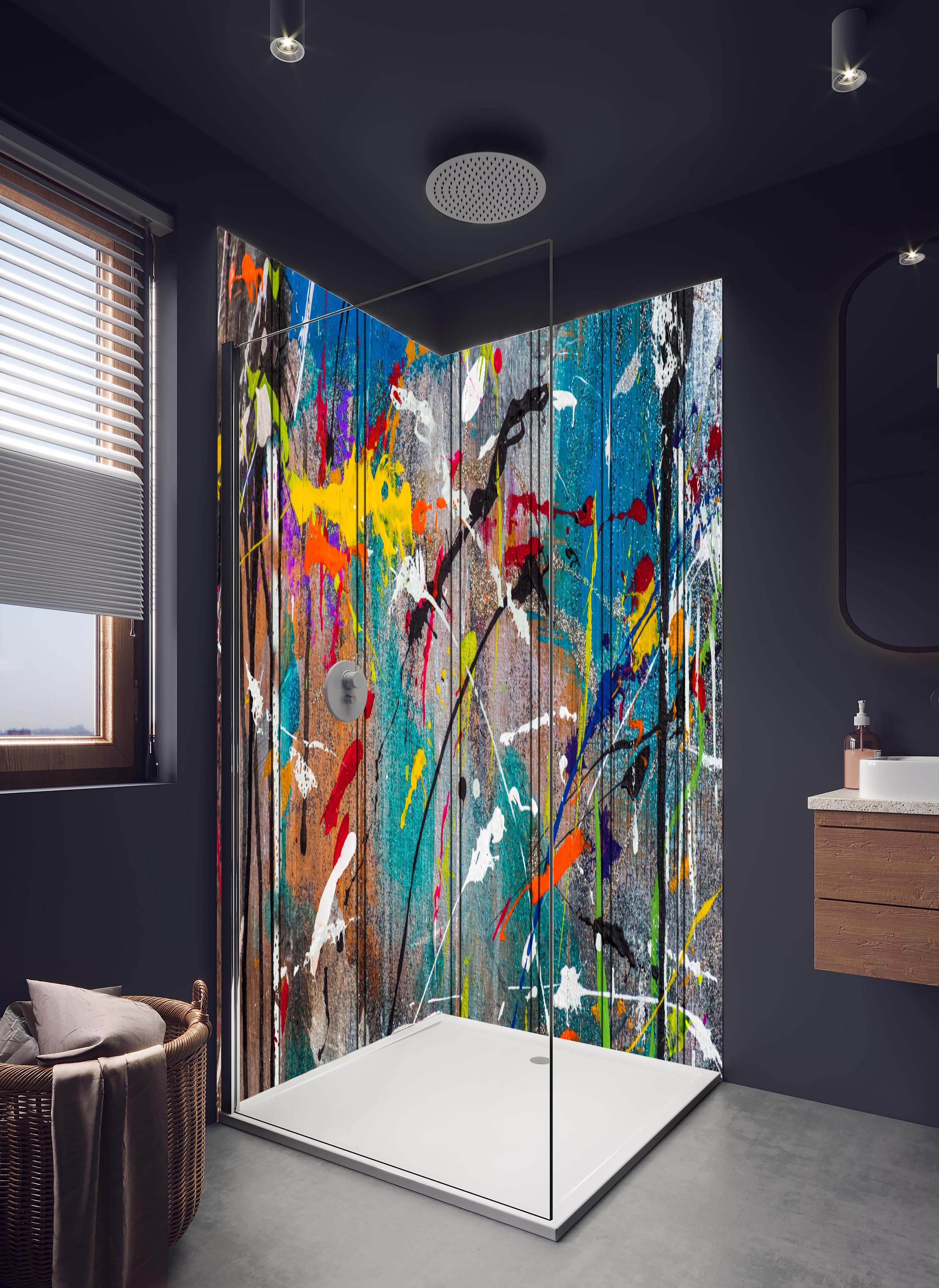 Duschrückwand - Graffiti auf Holz in hellem Badezimmer mit Regenduschkopf - zweiteilige Eck-Duschrückwand