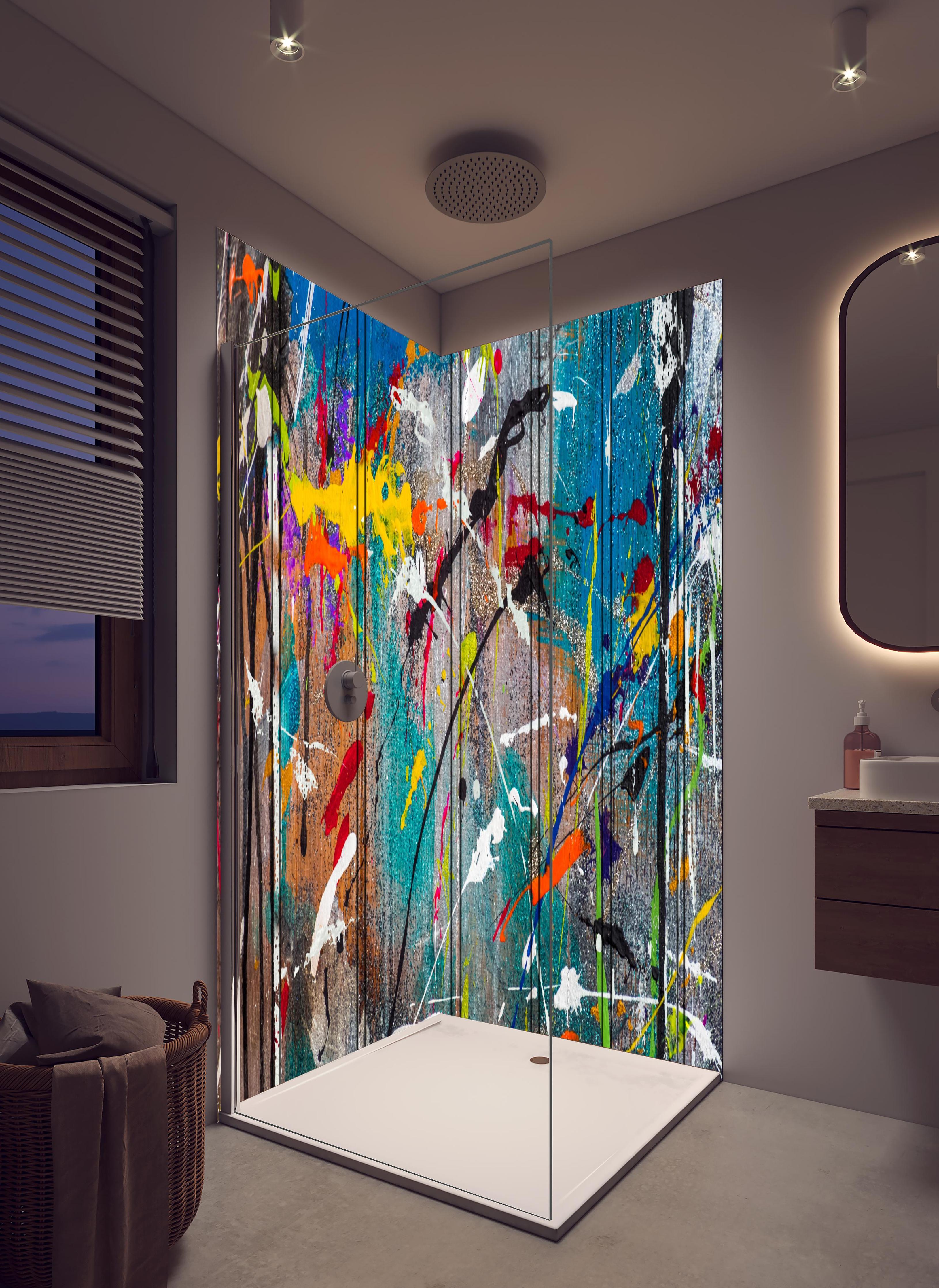 Duschrückwand - Graffiti auf Holz in hellem Badezimmer mit Regenduschkopf - zweiteilige Eck-Duschrückwand