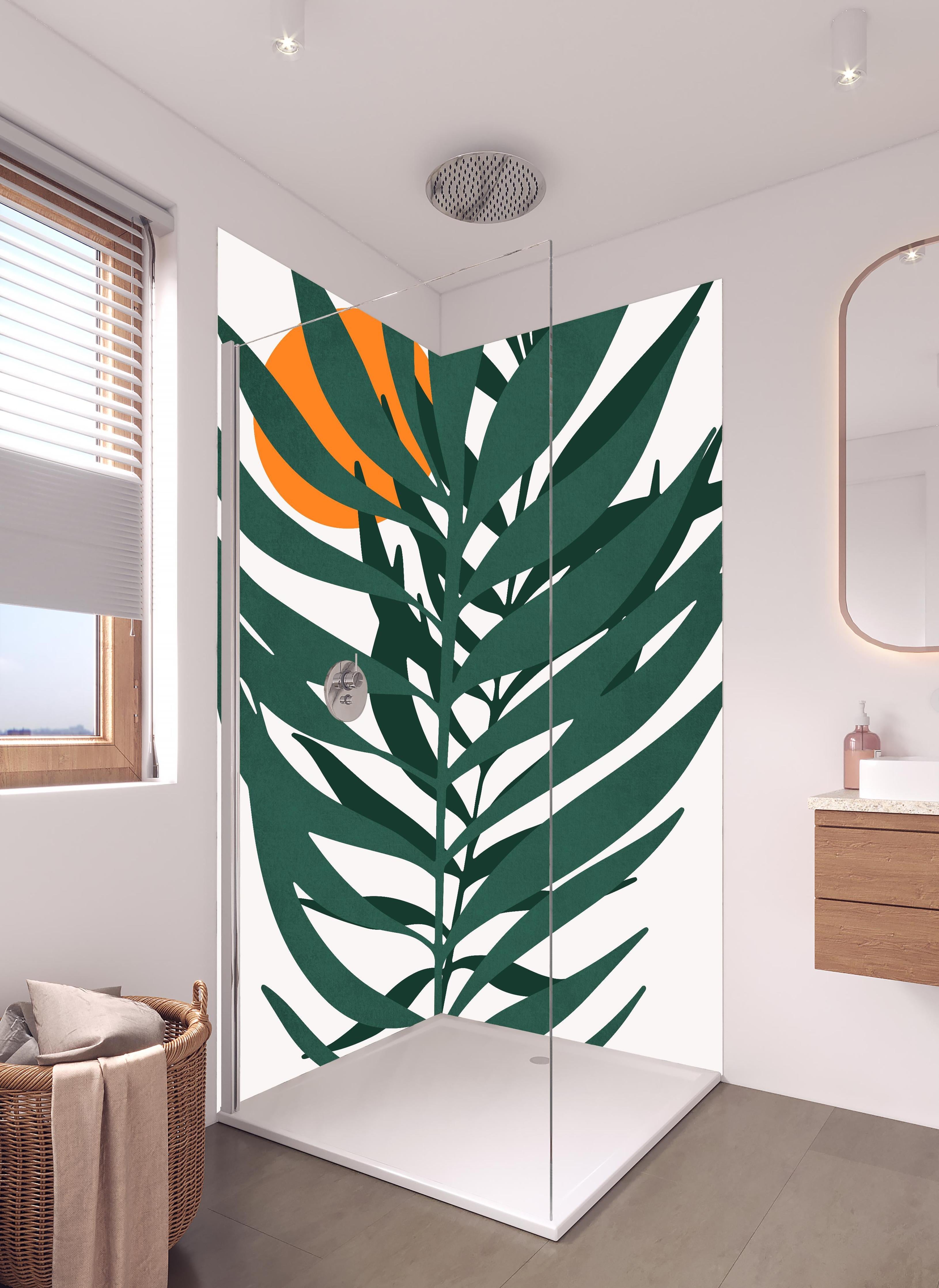 Duschrückwand - Grafik einer Pflanze in hellem Badezimmer mit Regenduschkopf - zweiteilige Eck-Duschrückwand