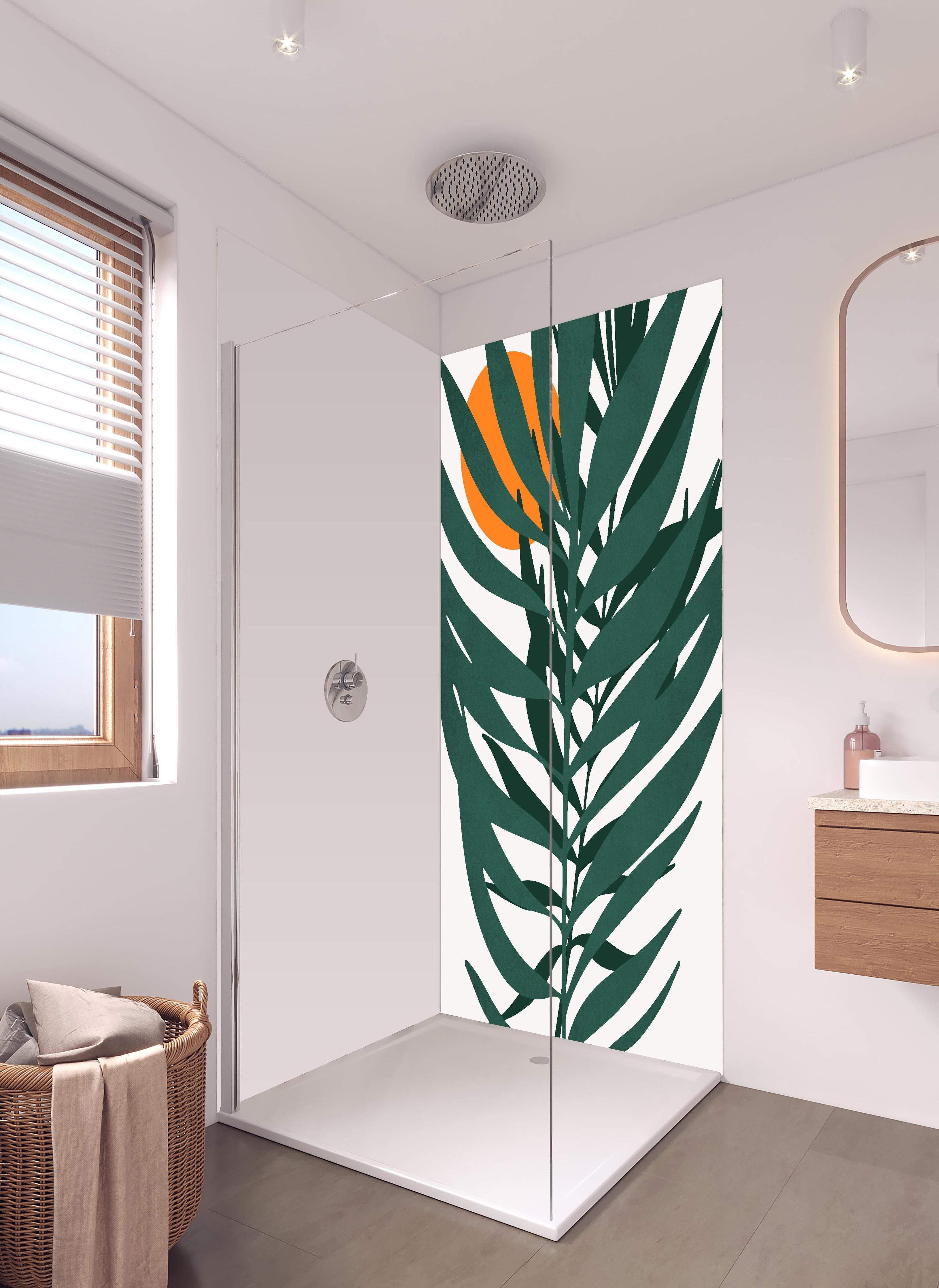 Duschrückwand - Grafik einer Pflanze in hellem Badezimmer mit Regenduschkopf - zweiteilige Eck-Duschrückwand