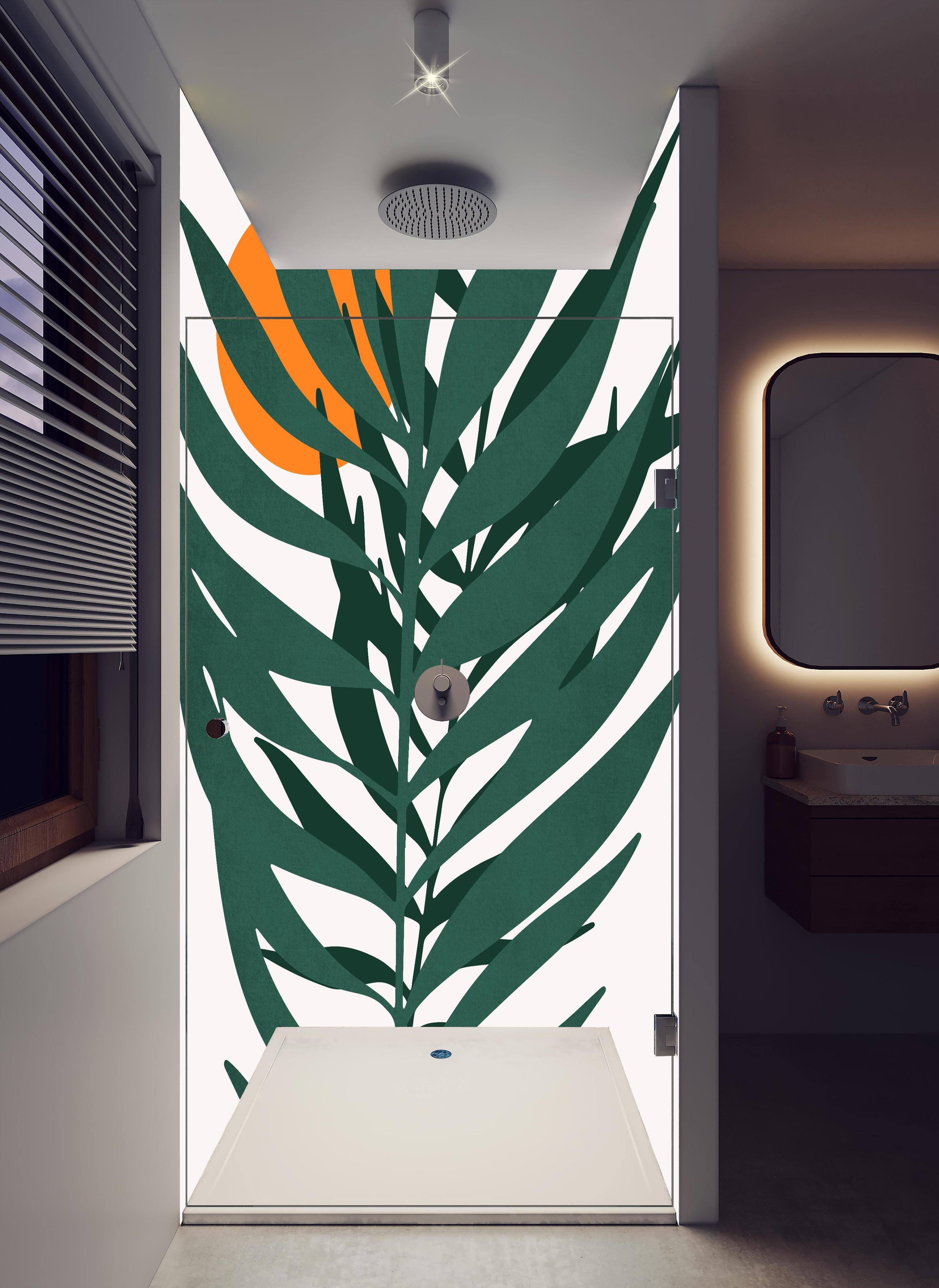 Duschrückwand - Grafik einer Pflanze in hellem Badezimmer mit Regenduschkopf - zweiteilige Eck-Duschrückwand