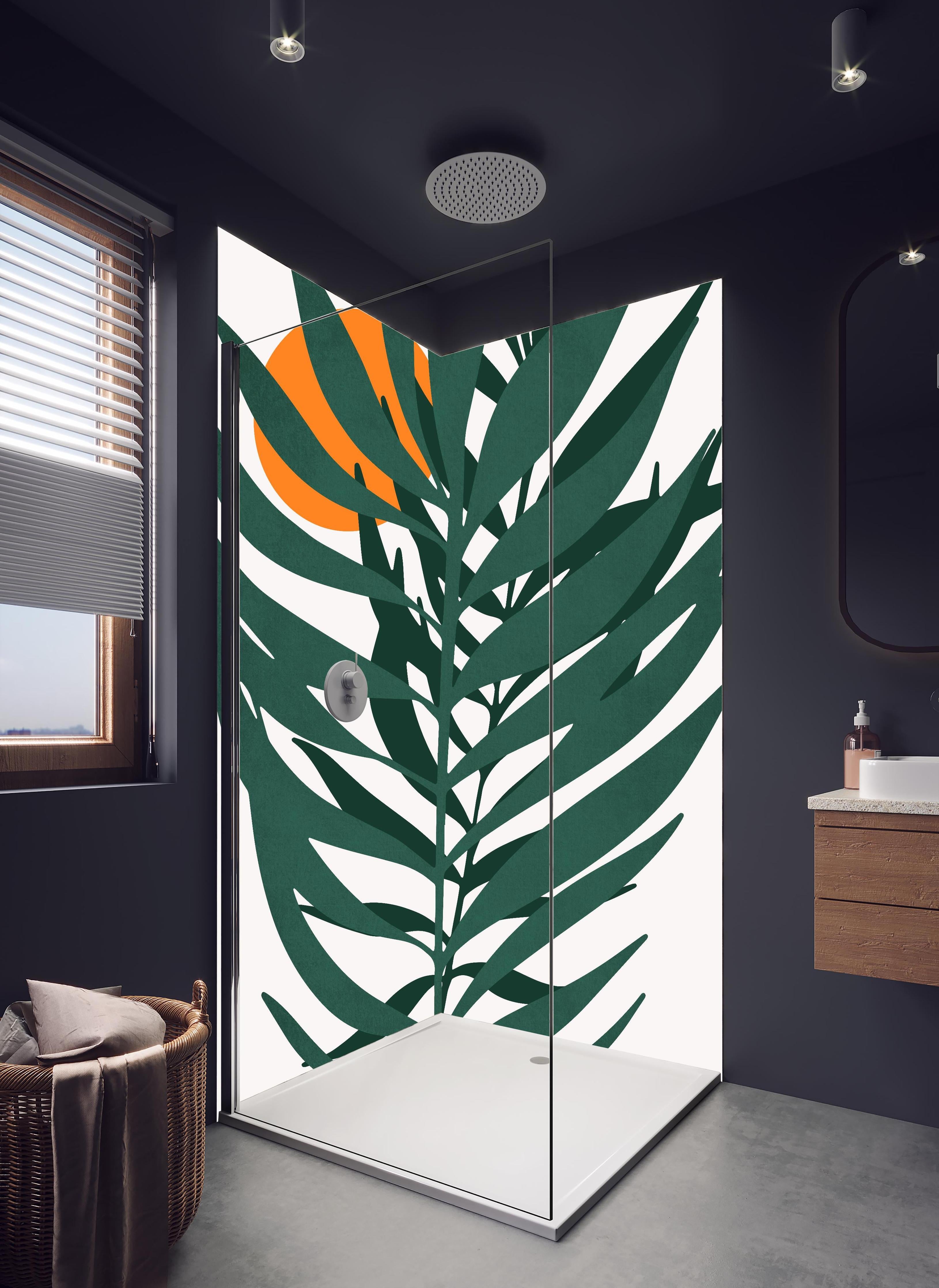 Duschrückwand - Grafik einer Pflanze in hellem Badezimmer mit Regenduschkopf - zweiteilige Eck-Duschrückwand