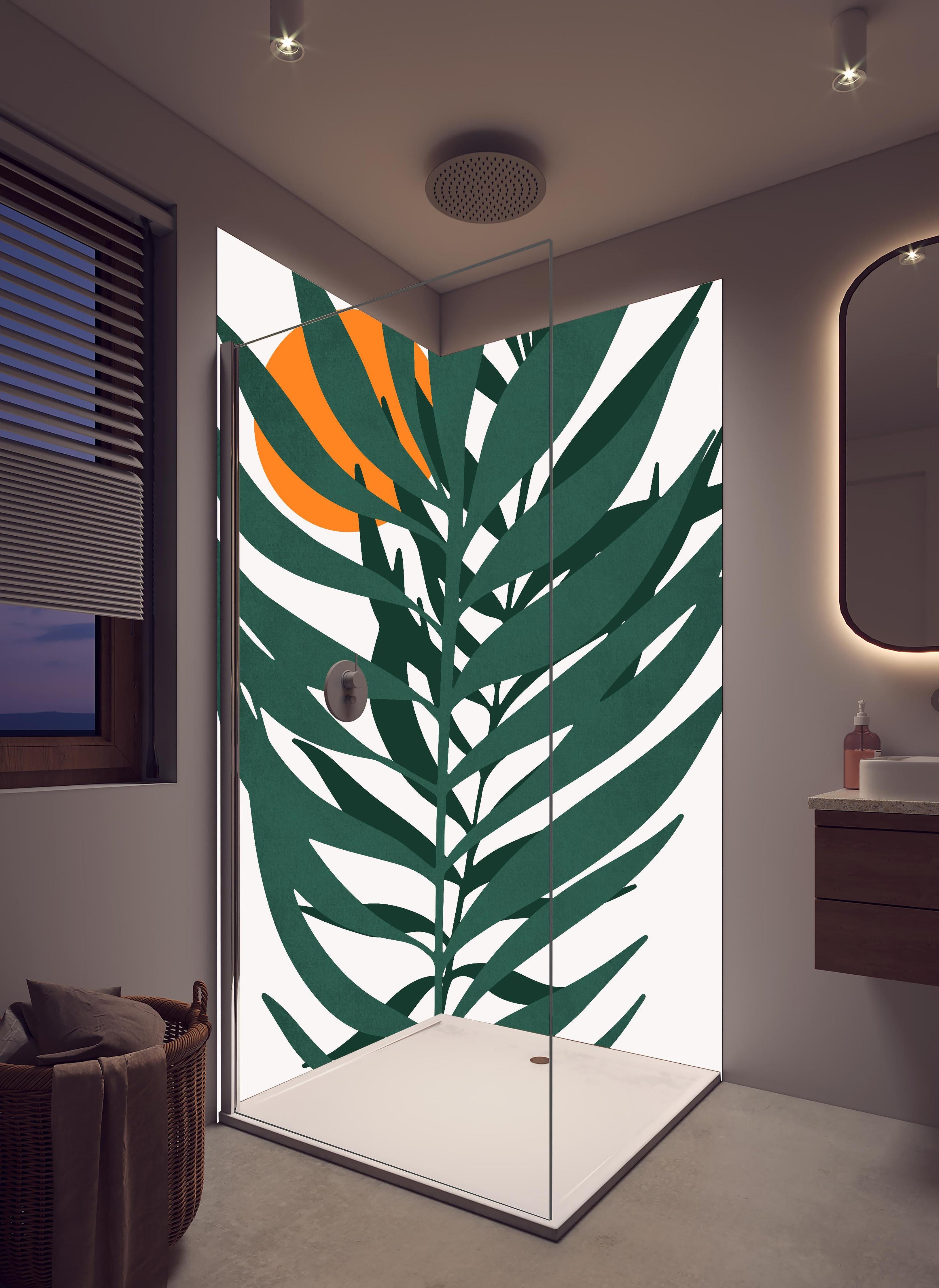 Duschrückwand - Grafik einer Pflanze in hellem Badezimmer mit Regenduschkopf - zweiteilige Eck-Duschrückwand