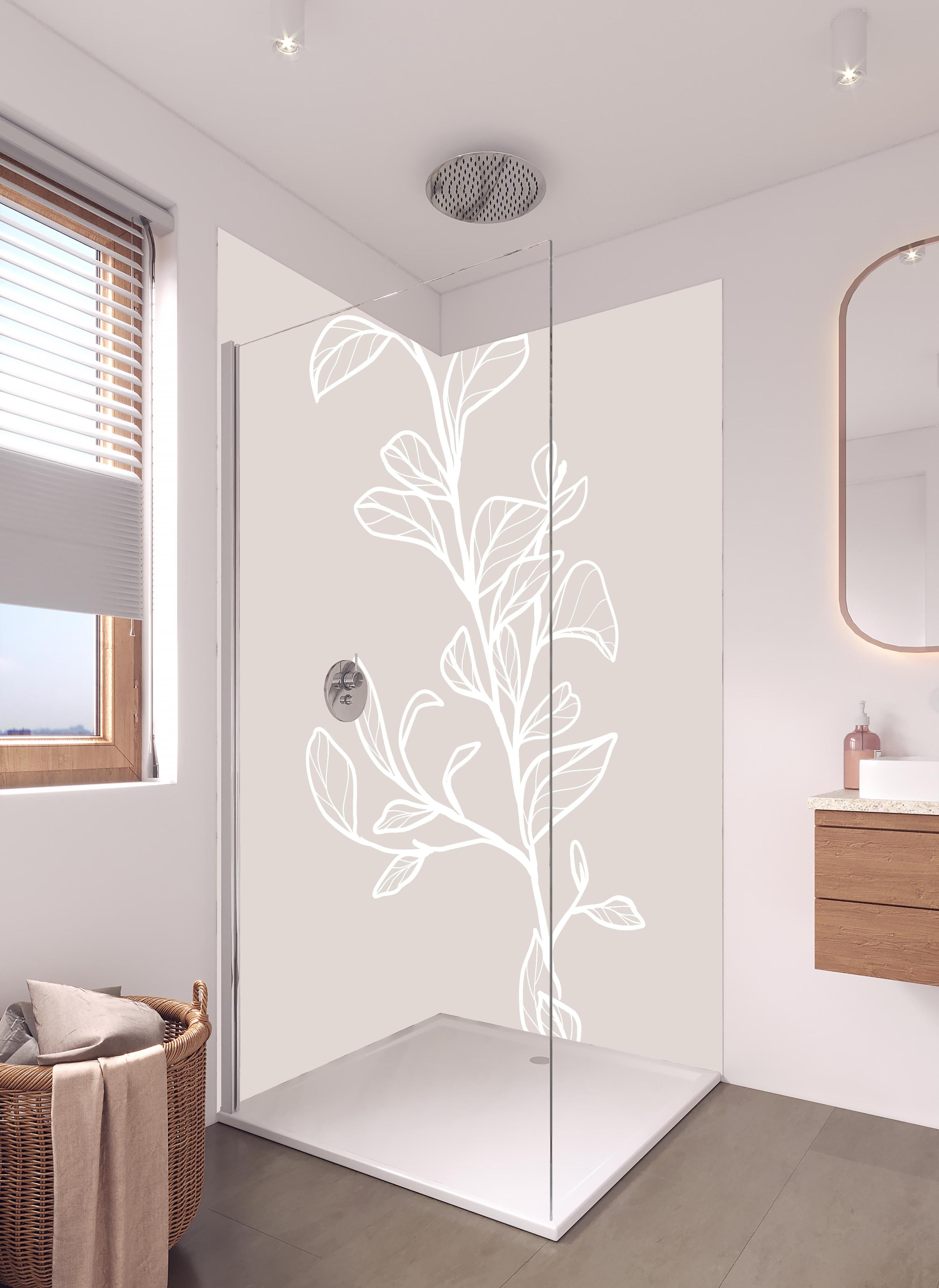 Duschrückwand - Grafische Blattzweigdarstellung in Beige in hellem Badezimmer mit Regenduschkopf - zweiteilige Eck-Duschrückwand