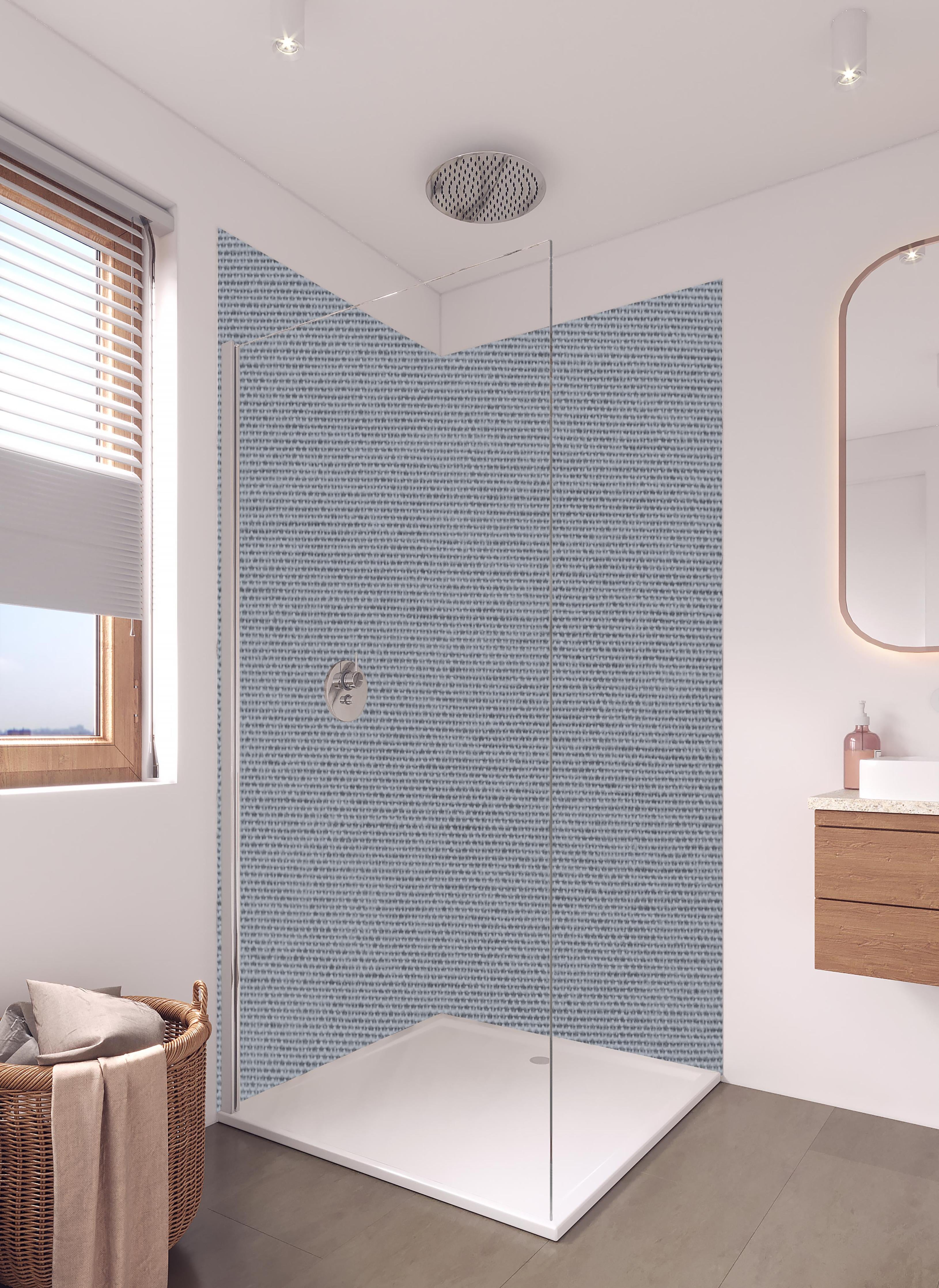 Duschrückwand - Grau gewebte Wolle in hellem Badezimmer mit Regenduschkopf - zweiteilige Eck-Duschrückwand