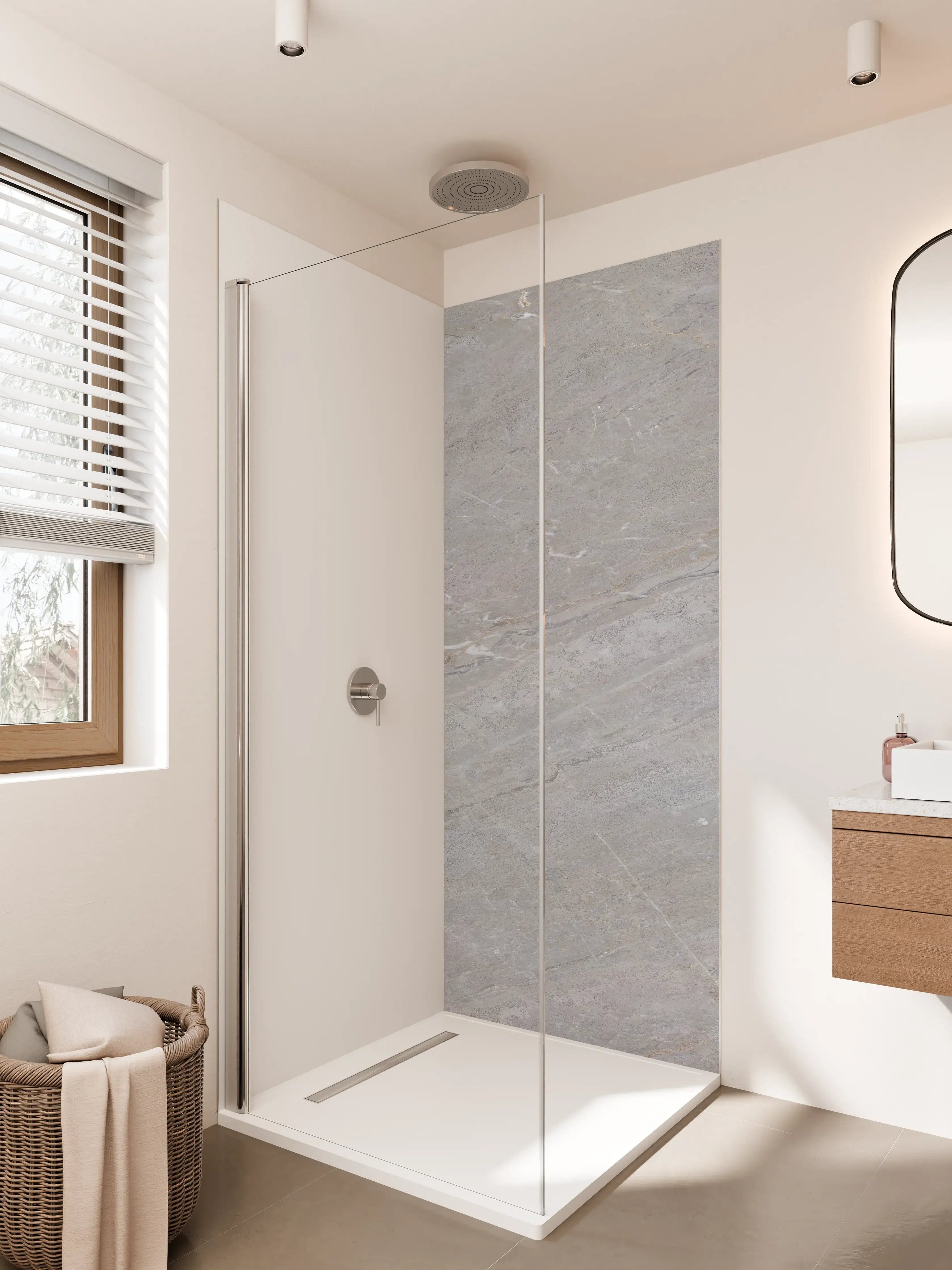 Duschrückwand - Grau-marmorierte Fliesenoptik mit feinen Linien