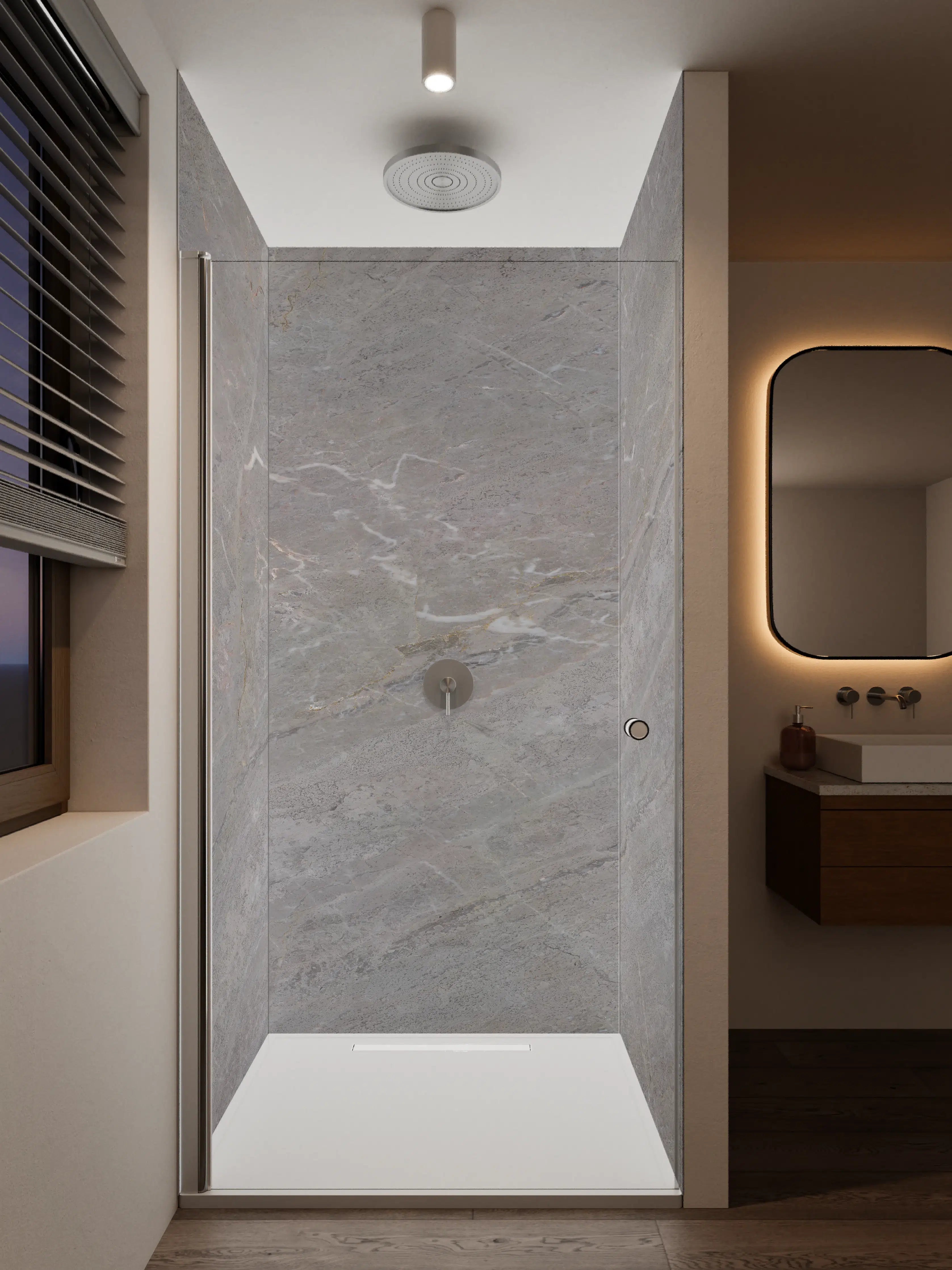 Duschrückwand - Grau-marmorierte Fliesenoptik mit feinen Linien