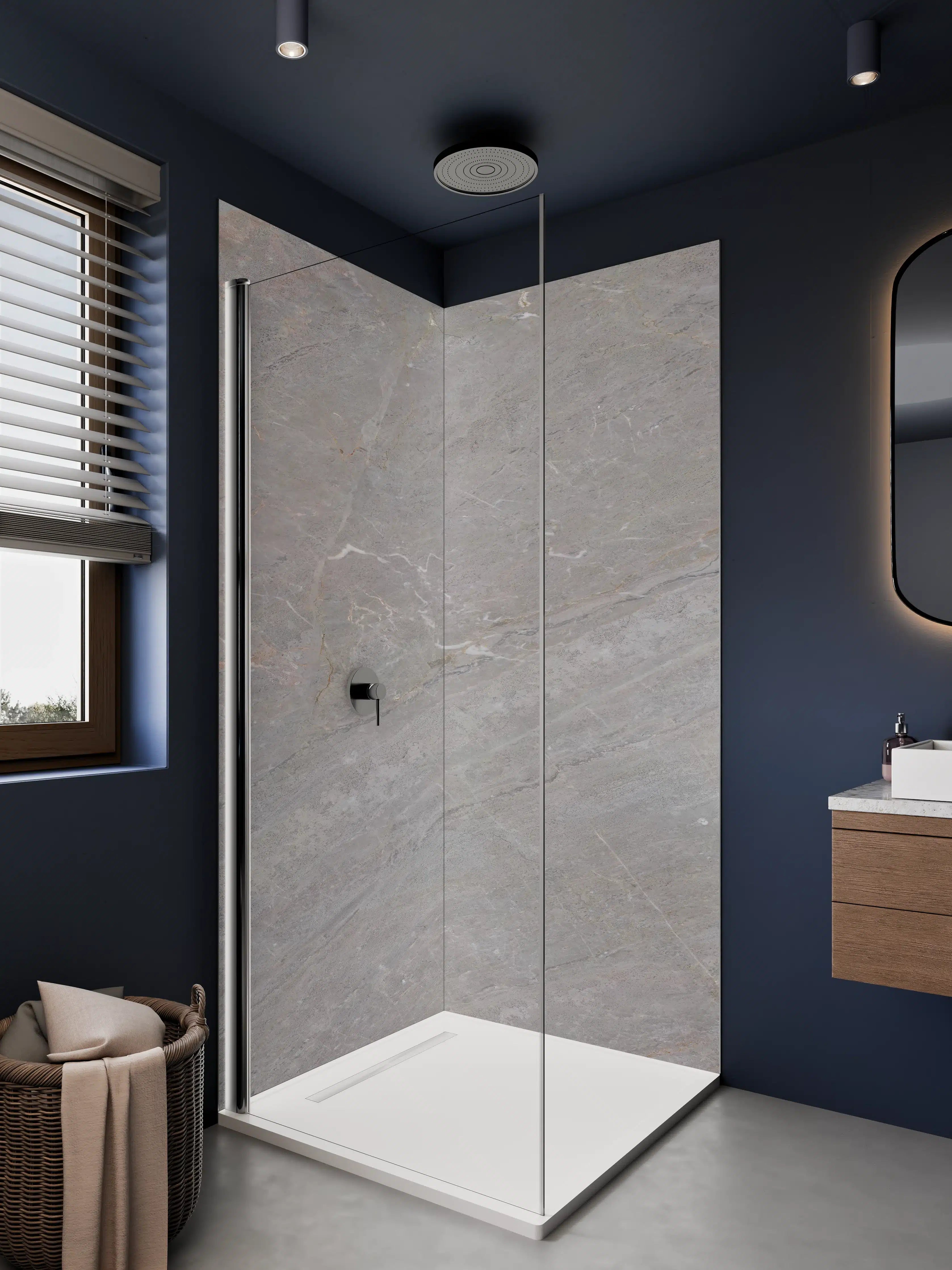 Duschrückwand - Grau-marmorierte Fliesenoptik mit feinen Linien