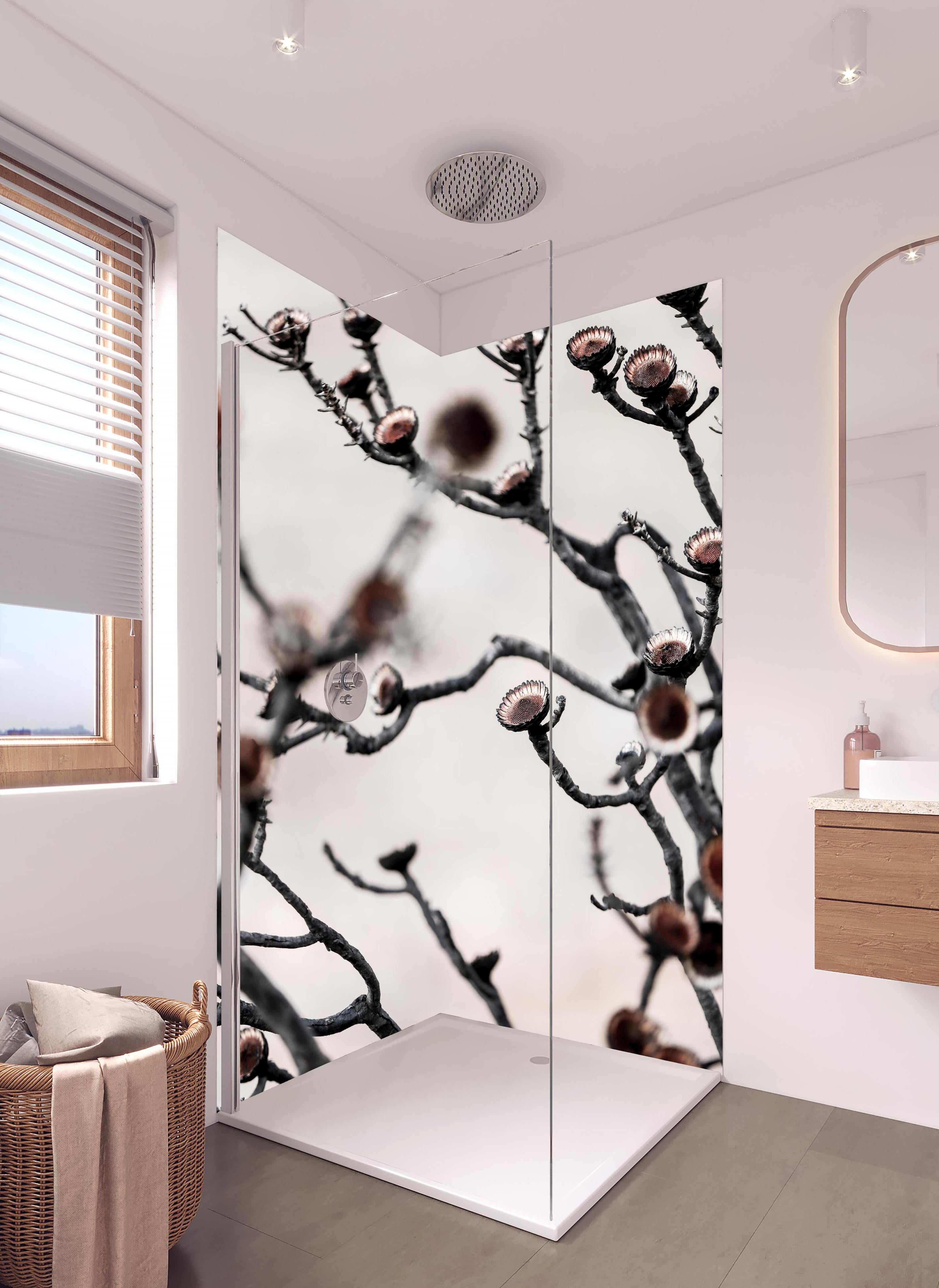 Duschrückwand - Grau-weiße Äste in High-Key Beleuchtung in hellem Badezimmer mit Regenduschkopf - zweiteilige Eck-Duschrückwand