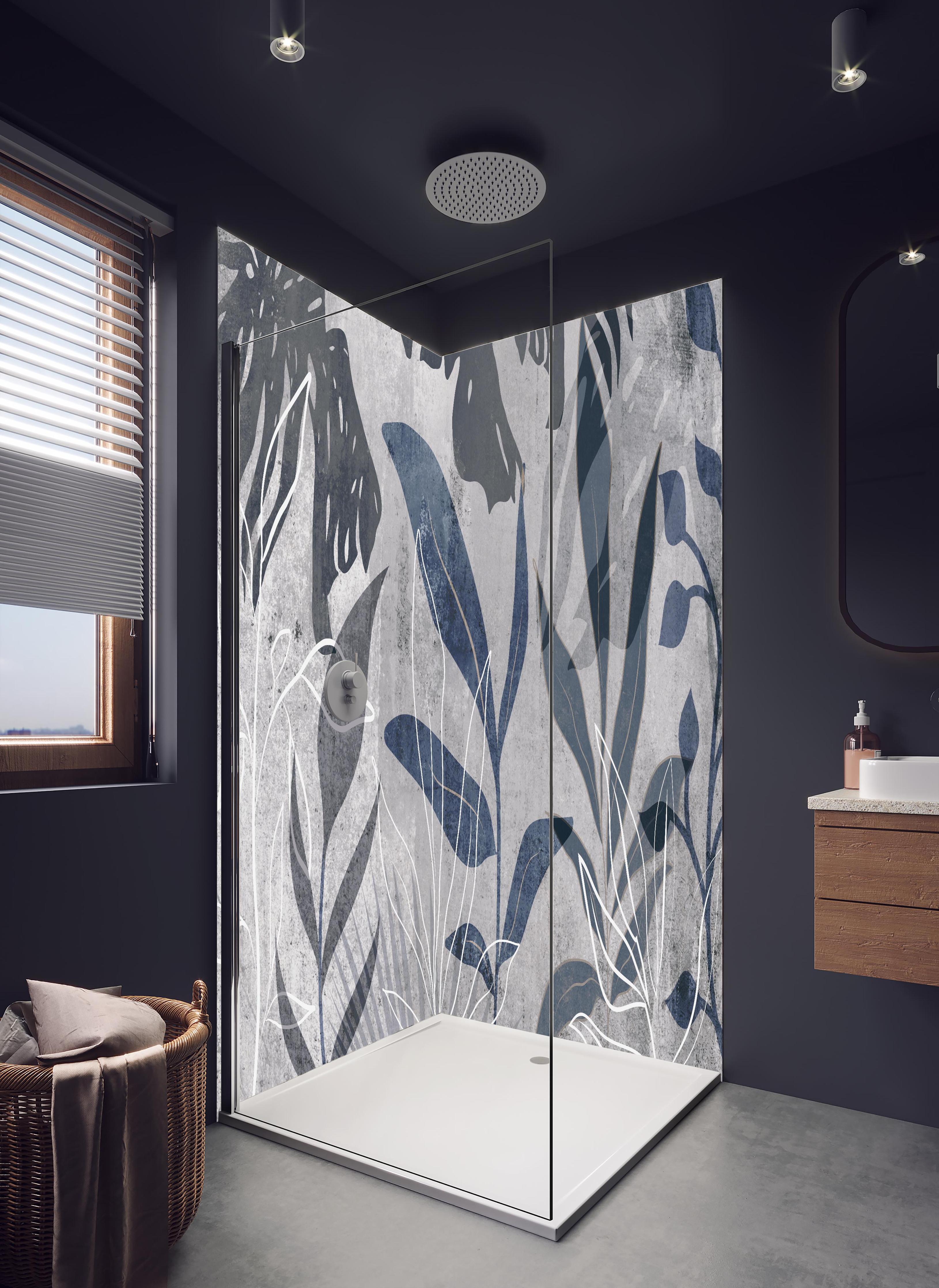Duschrückwand - Grau-weißes botanisches Wandbild modern in hellem Badezimmer mit Regenduschkopf - zweiteilige Eck-Duschrückwand