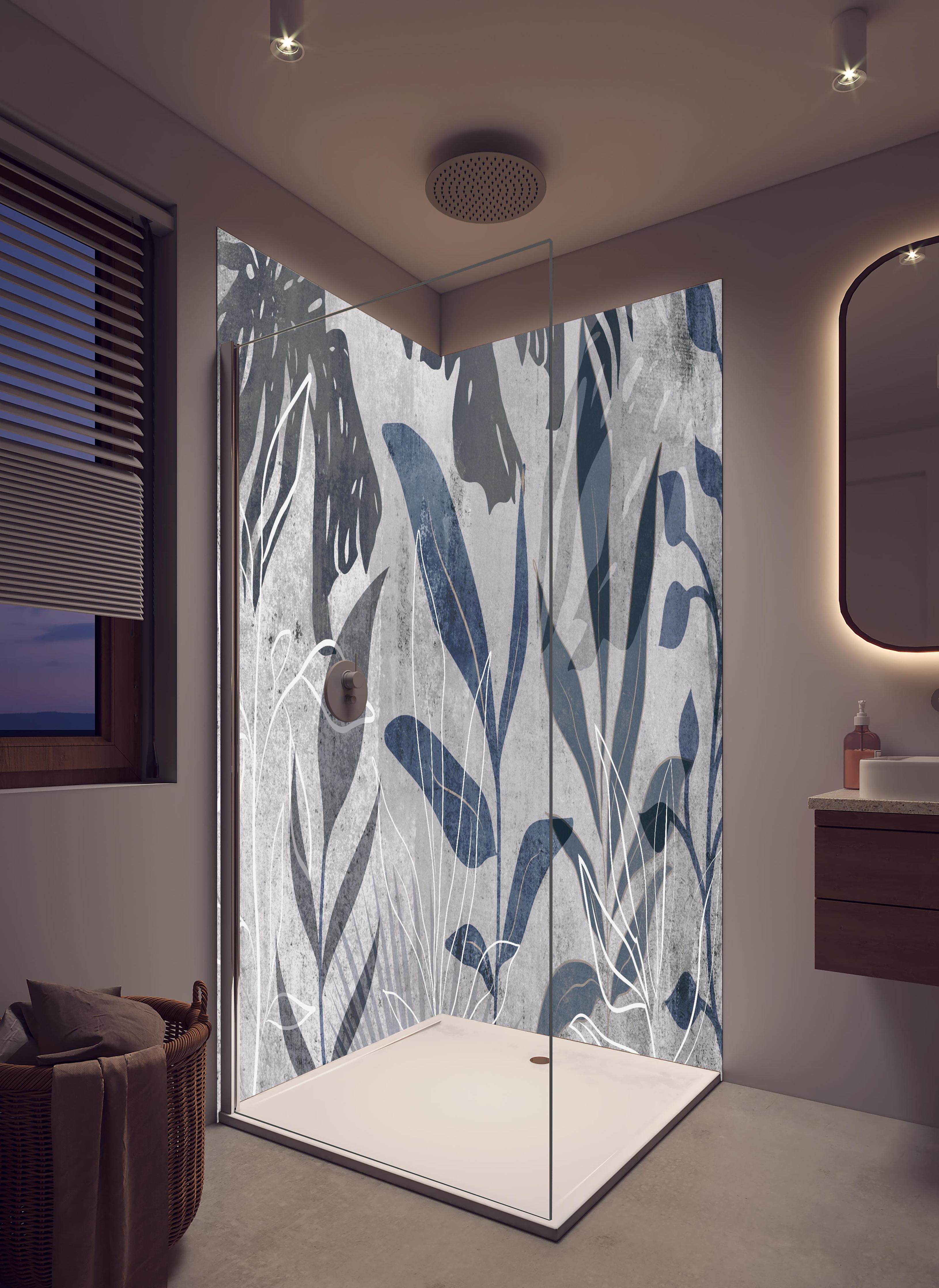 Duschrückwand - Grau-weißes botanisches Wandbild modern in hellem Badezimmer mit Regenduschkopf - zweiteilige Eck-Duschrückwand