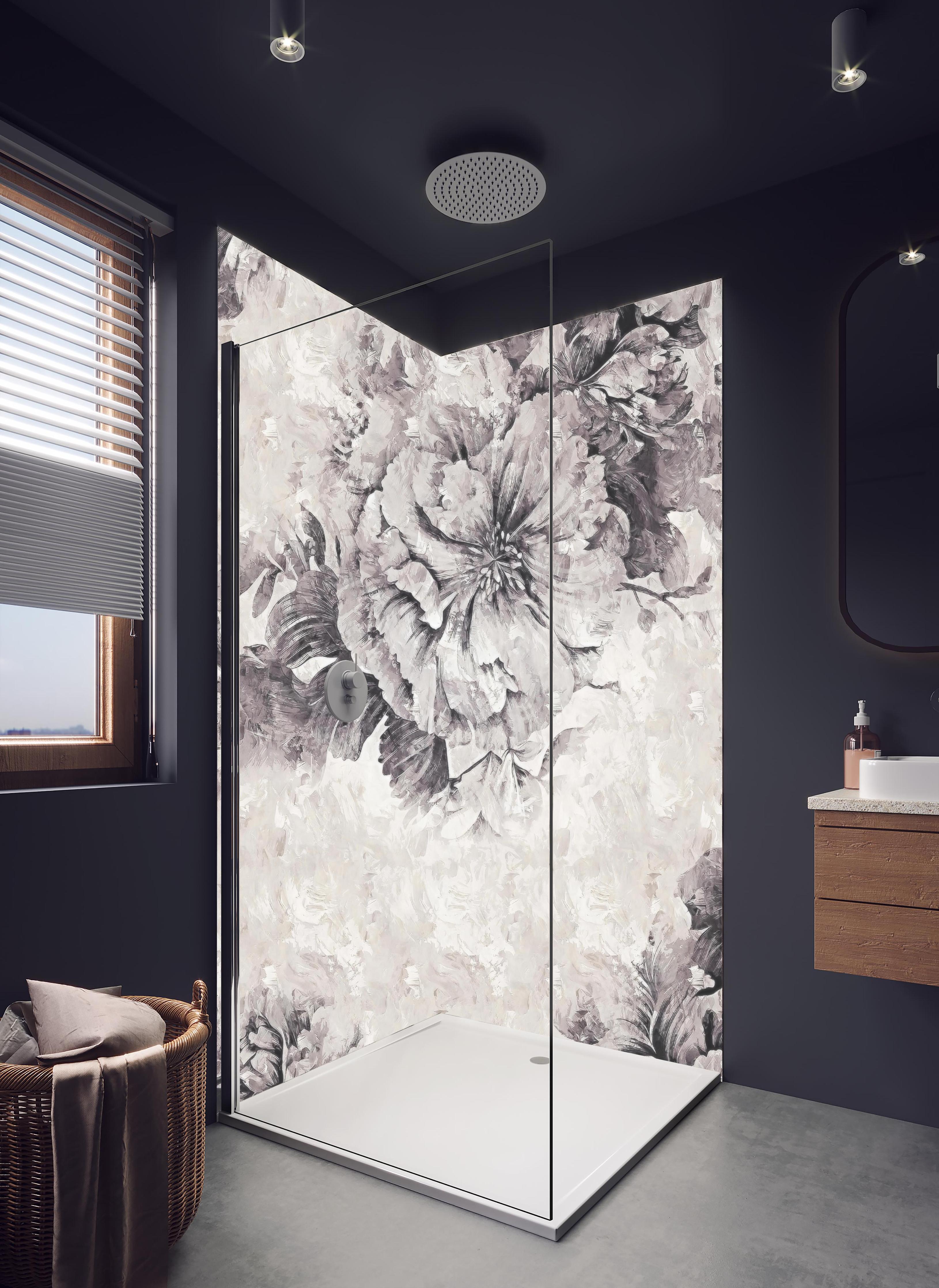 Duschrückwand - Grau-weißes florales Design Poster 50x70 in hellem Badezimmer mit Regenduschkopf - zweiteilige Eck-Duschrückwand