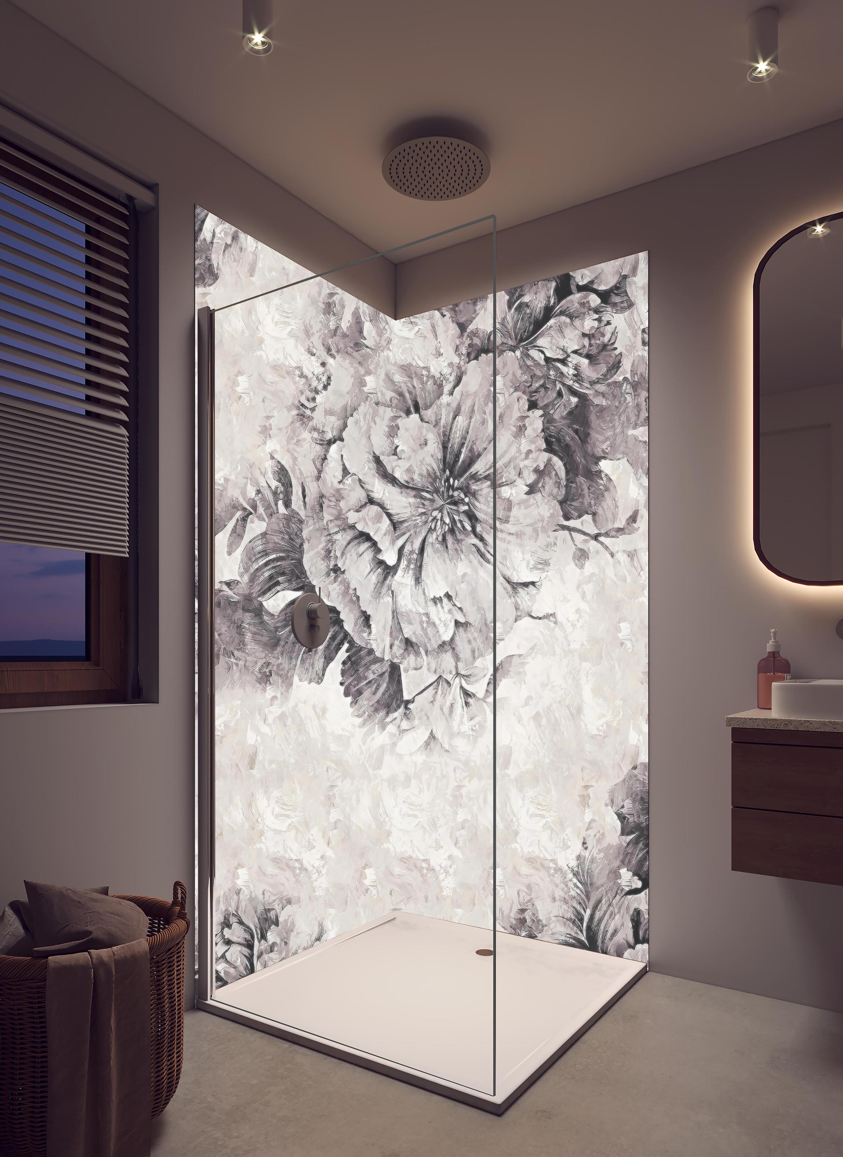 Duschrückwand - Grau-weißes florales Design Poster 50x70 in hellem Badezimmer mit Regenduschkopf - zweiteilige Eck-Duschrückwand