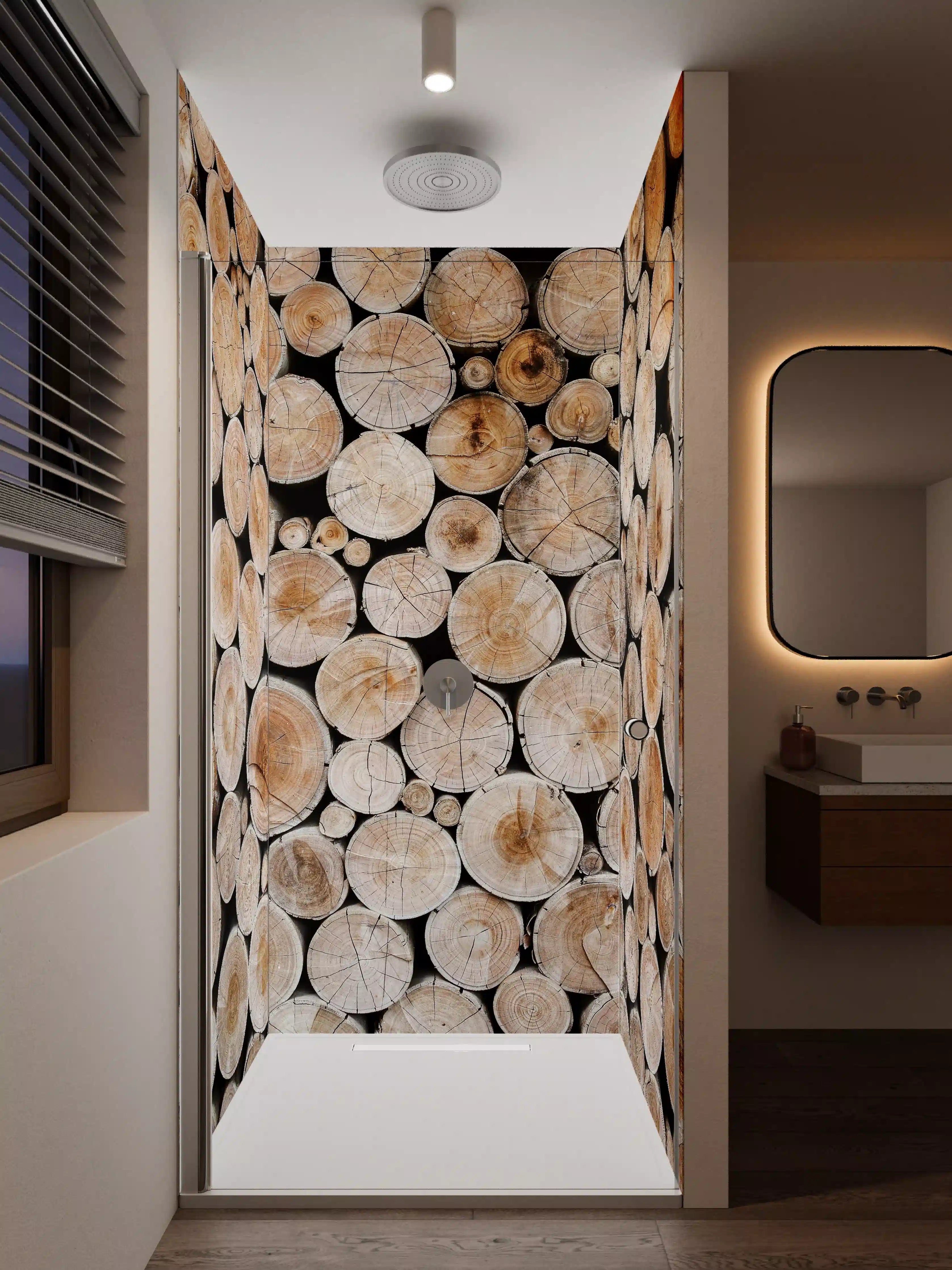 Duschrückwand - Graue Holzstämme im Weißkontrast