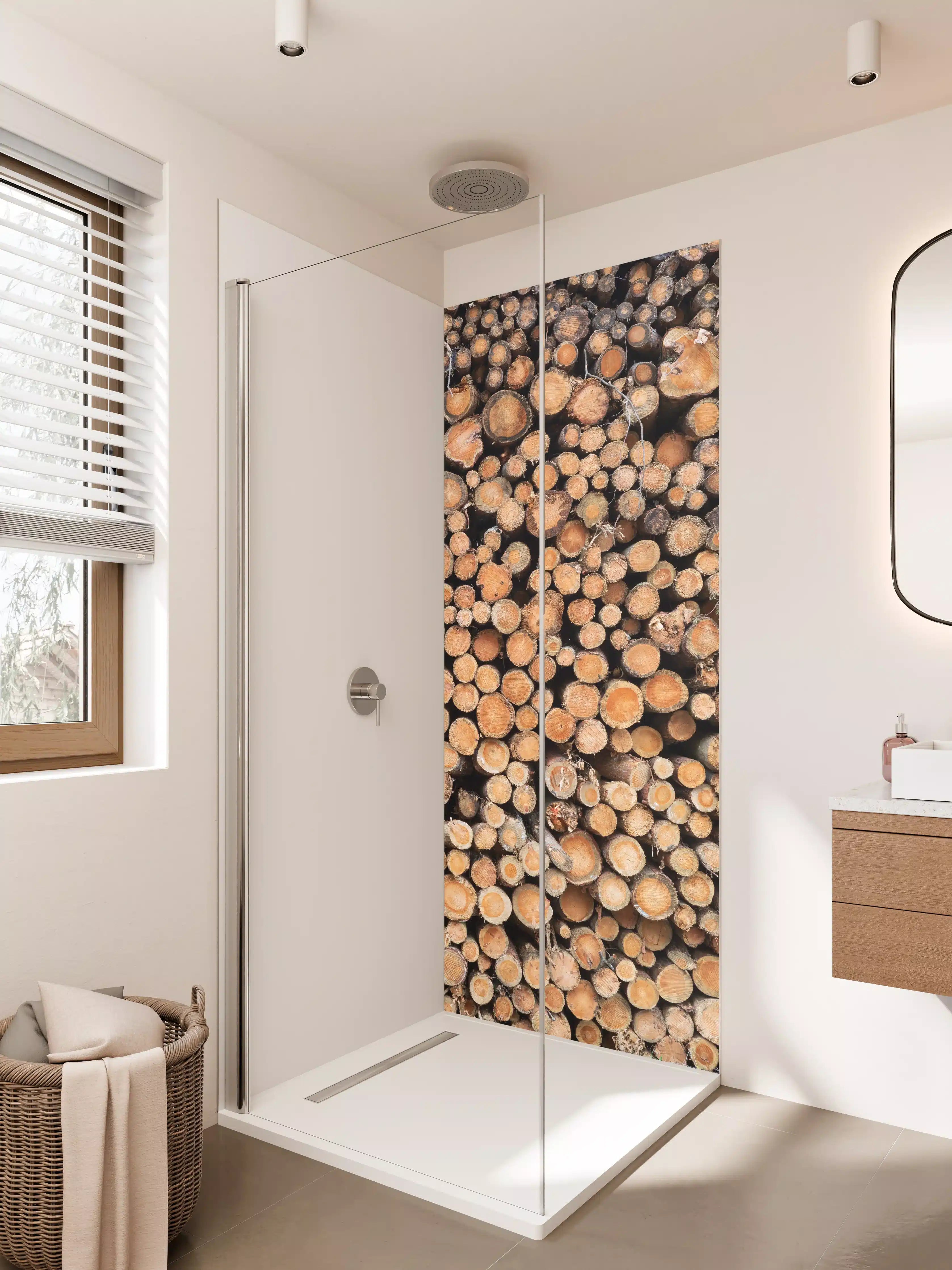 Duschrückwand - Graue Holzstämme in natürlicher Anordnung