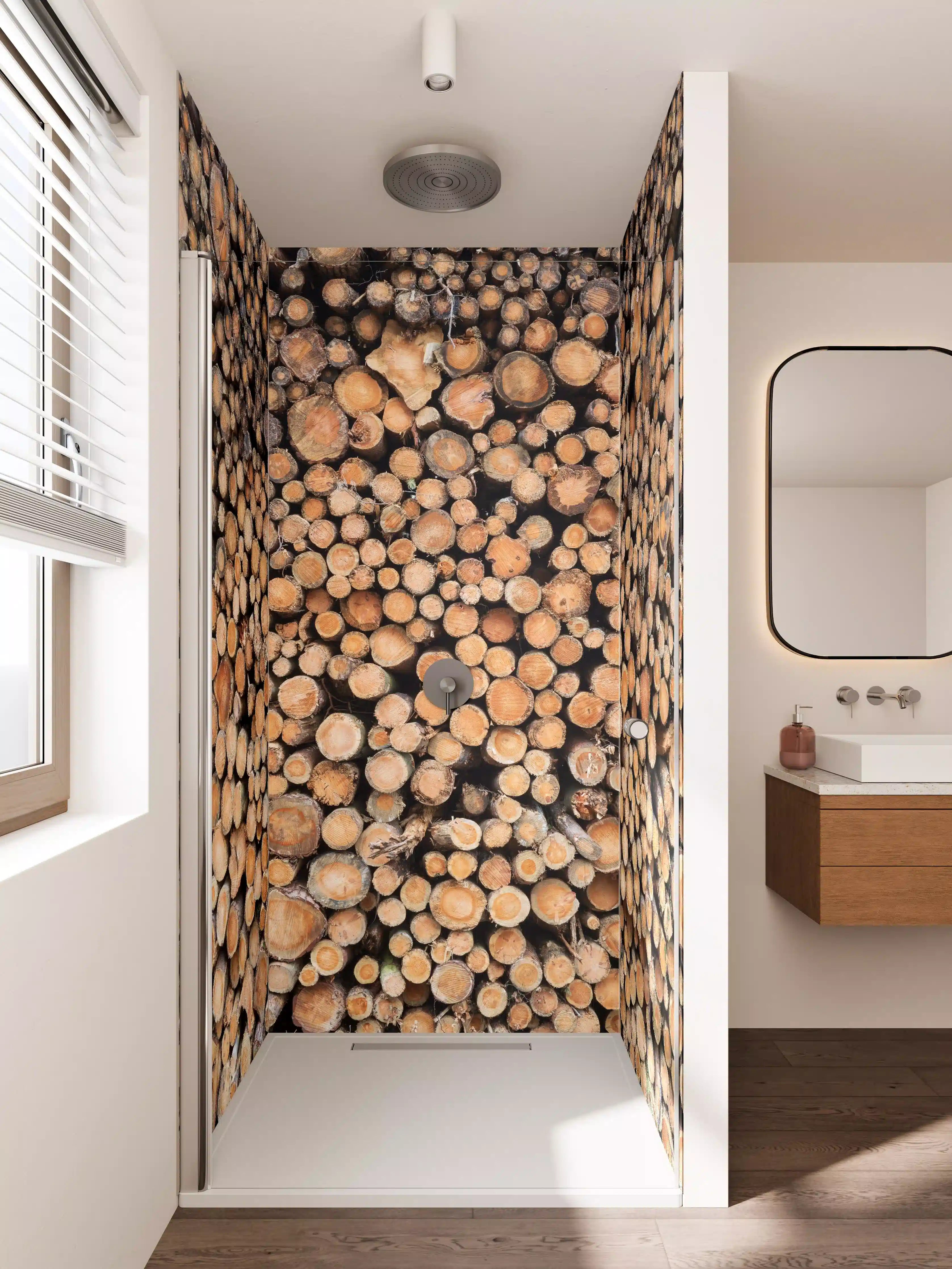 Duschrückwand - Graue Holzstämme in natürlicher Anordnung