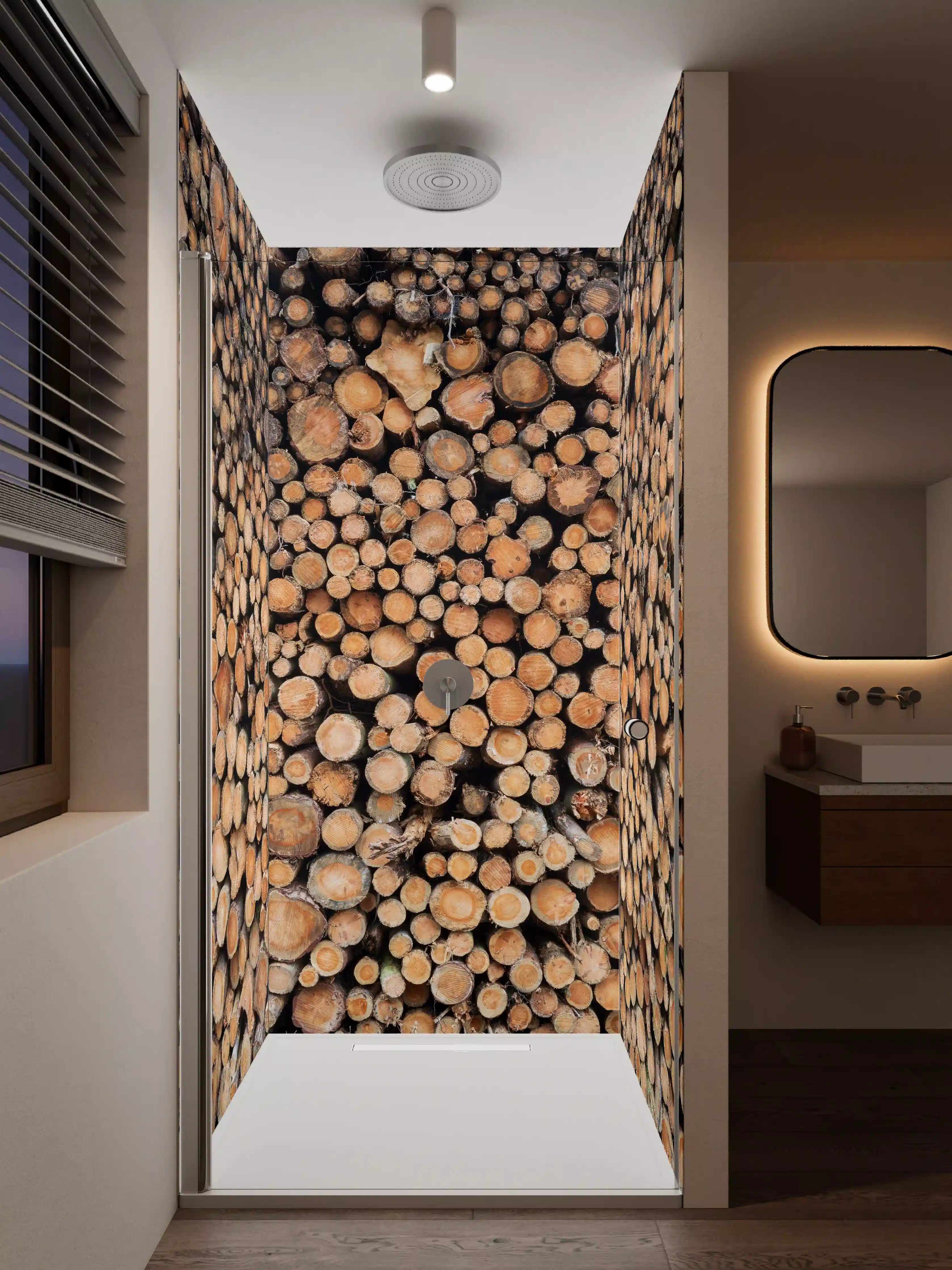 Duschrückwand - Graue Holzstämme in natürlicher Anordnung