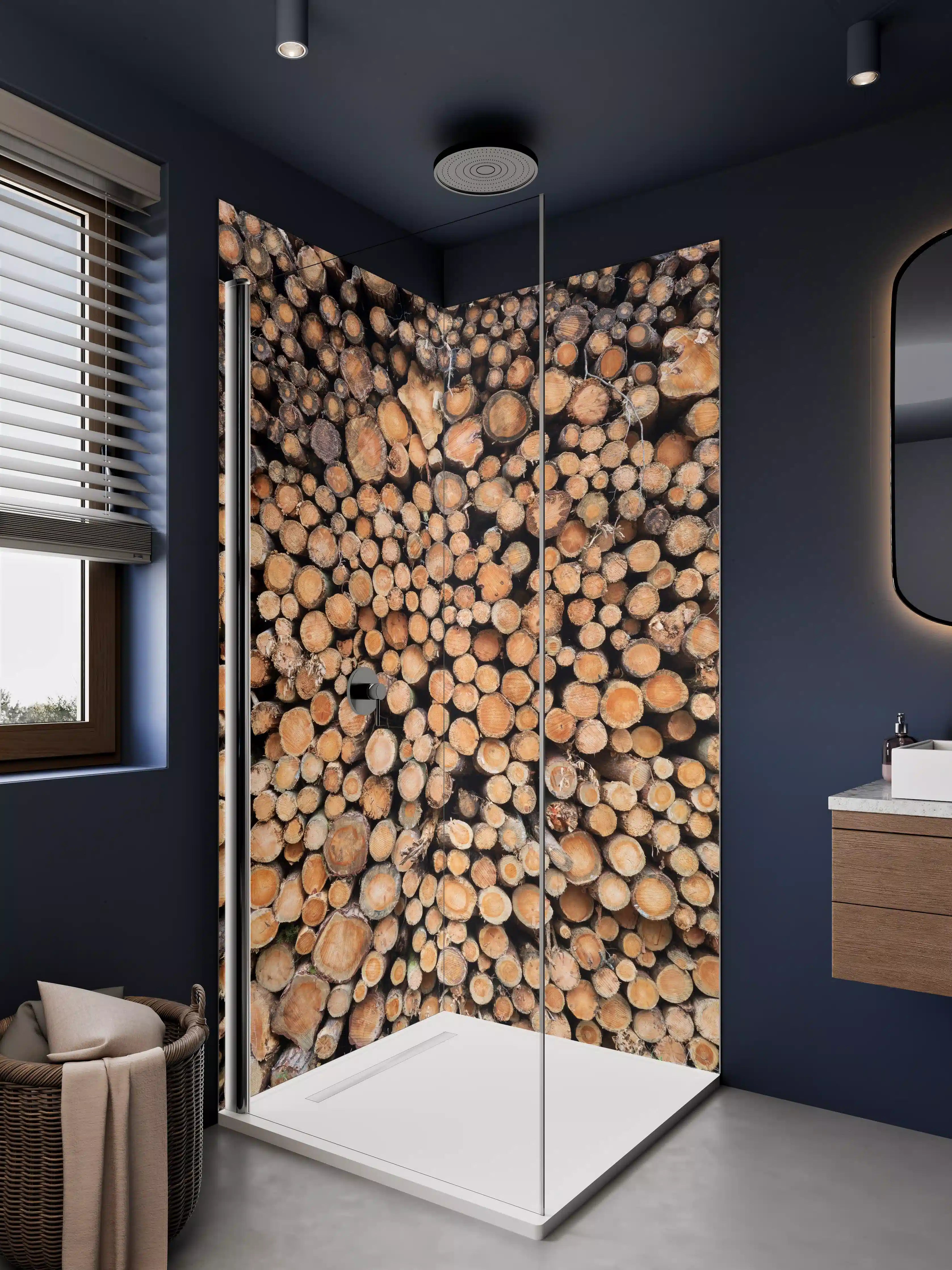 Duschrückwand - Graue Holzstämme in natürlicher Anordnung
