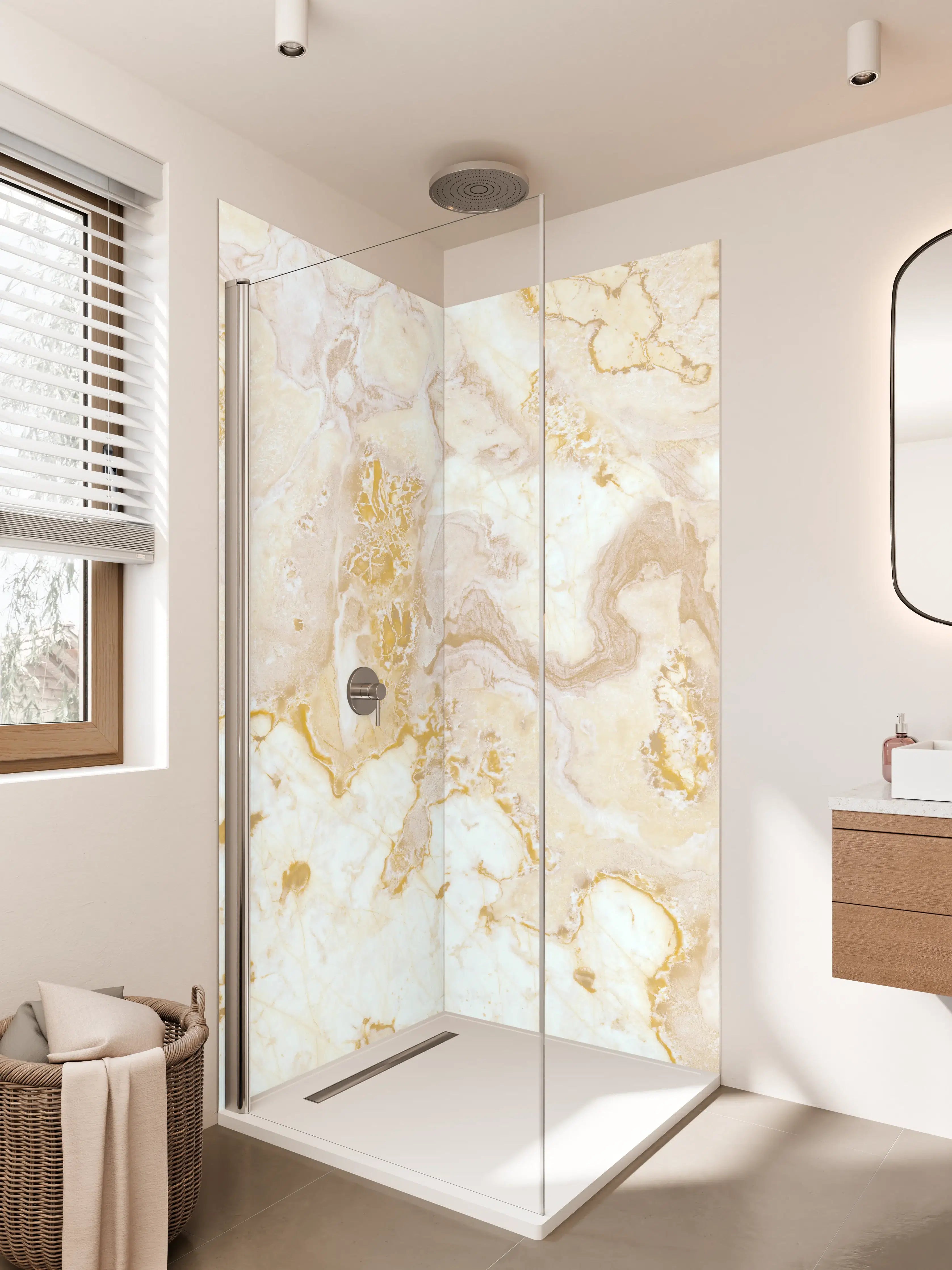 Duschrückwand - Graue Marmor-Glanz mit Goldakzenten