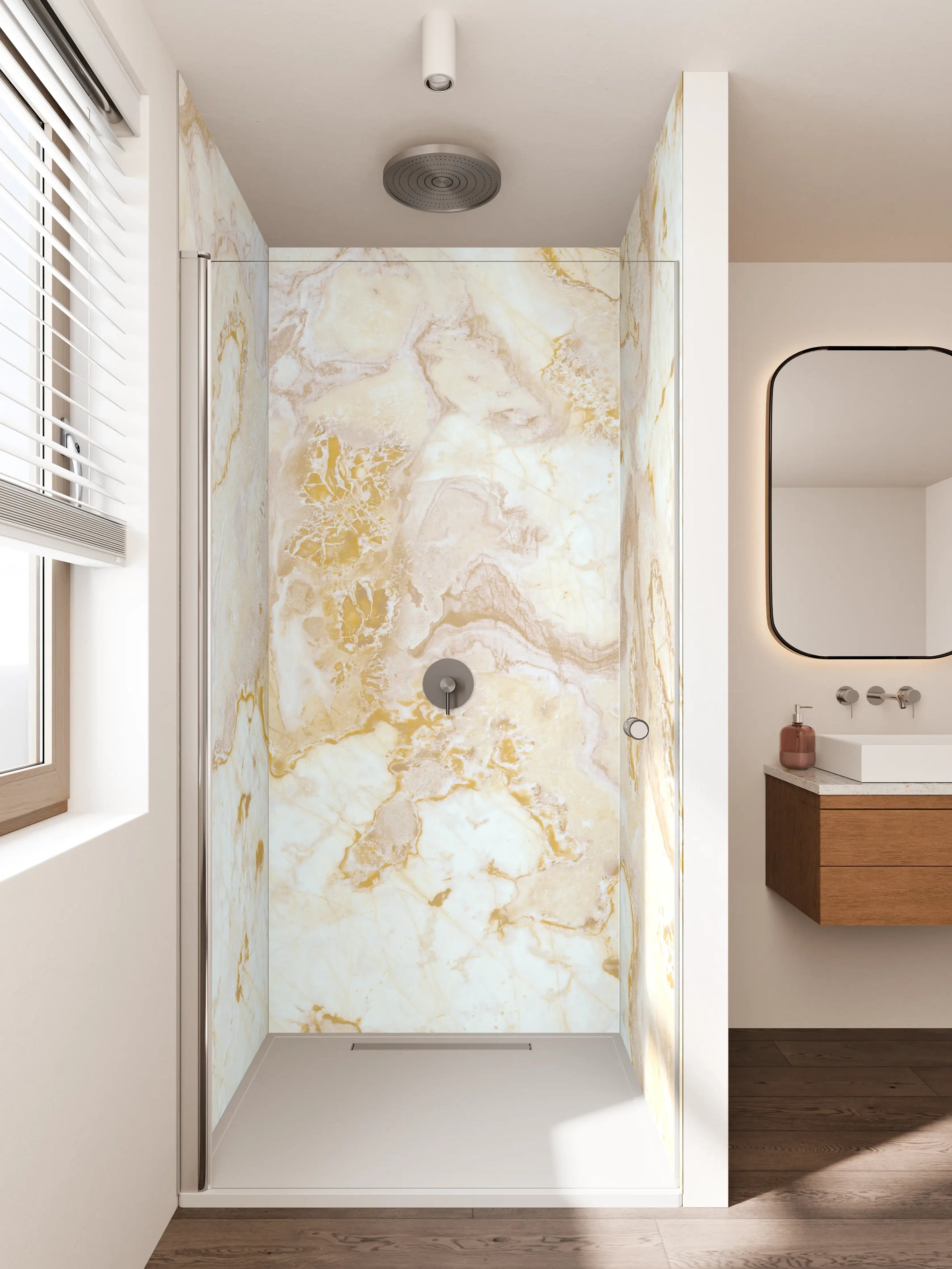 Duschrückwand - Graue Marmor-Glanz mit Goldakzenten