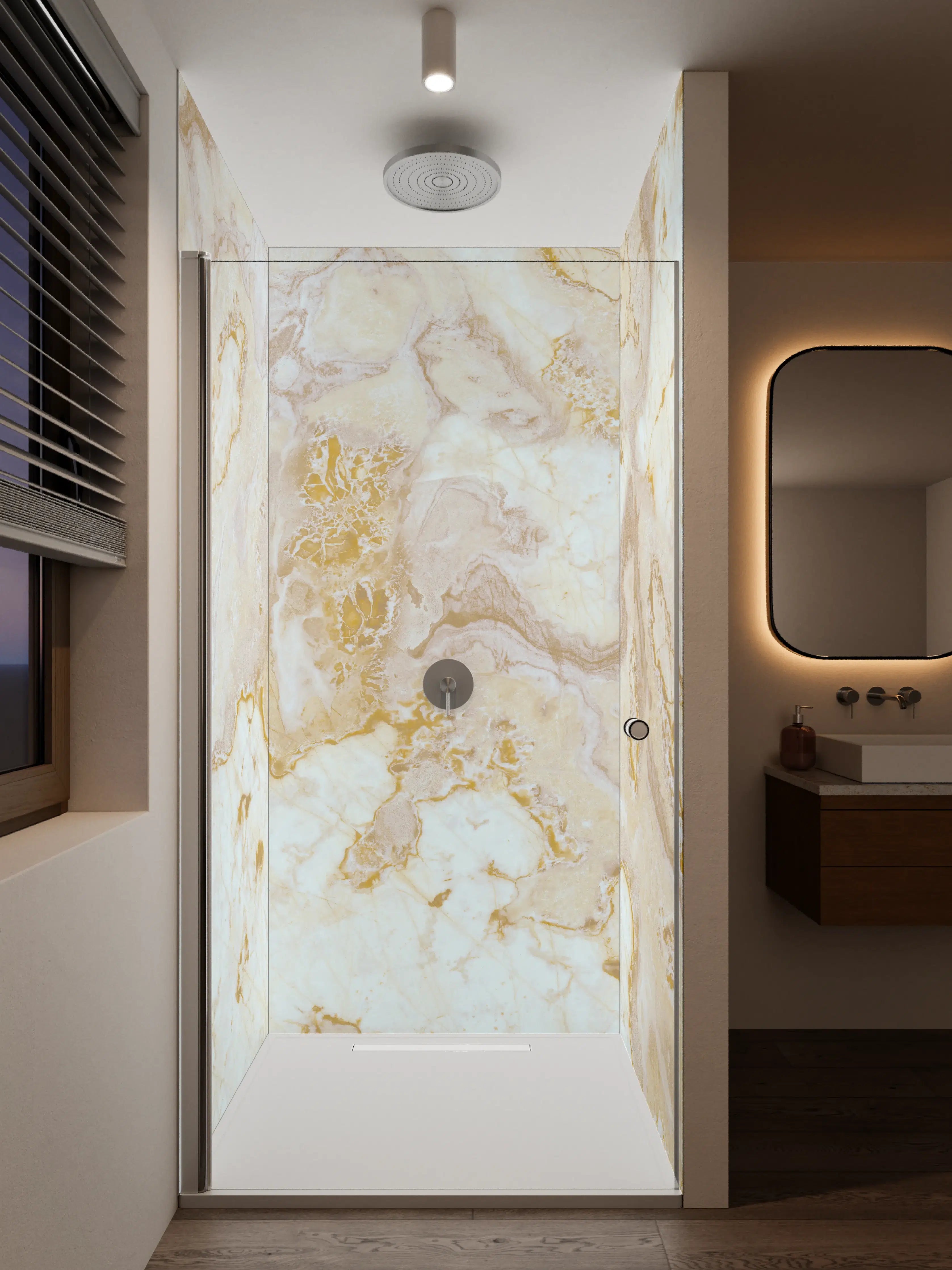 Duschrückwand - Graue Marmor-Glanz mit Goldakzenten