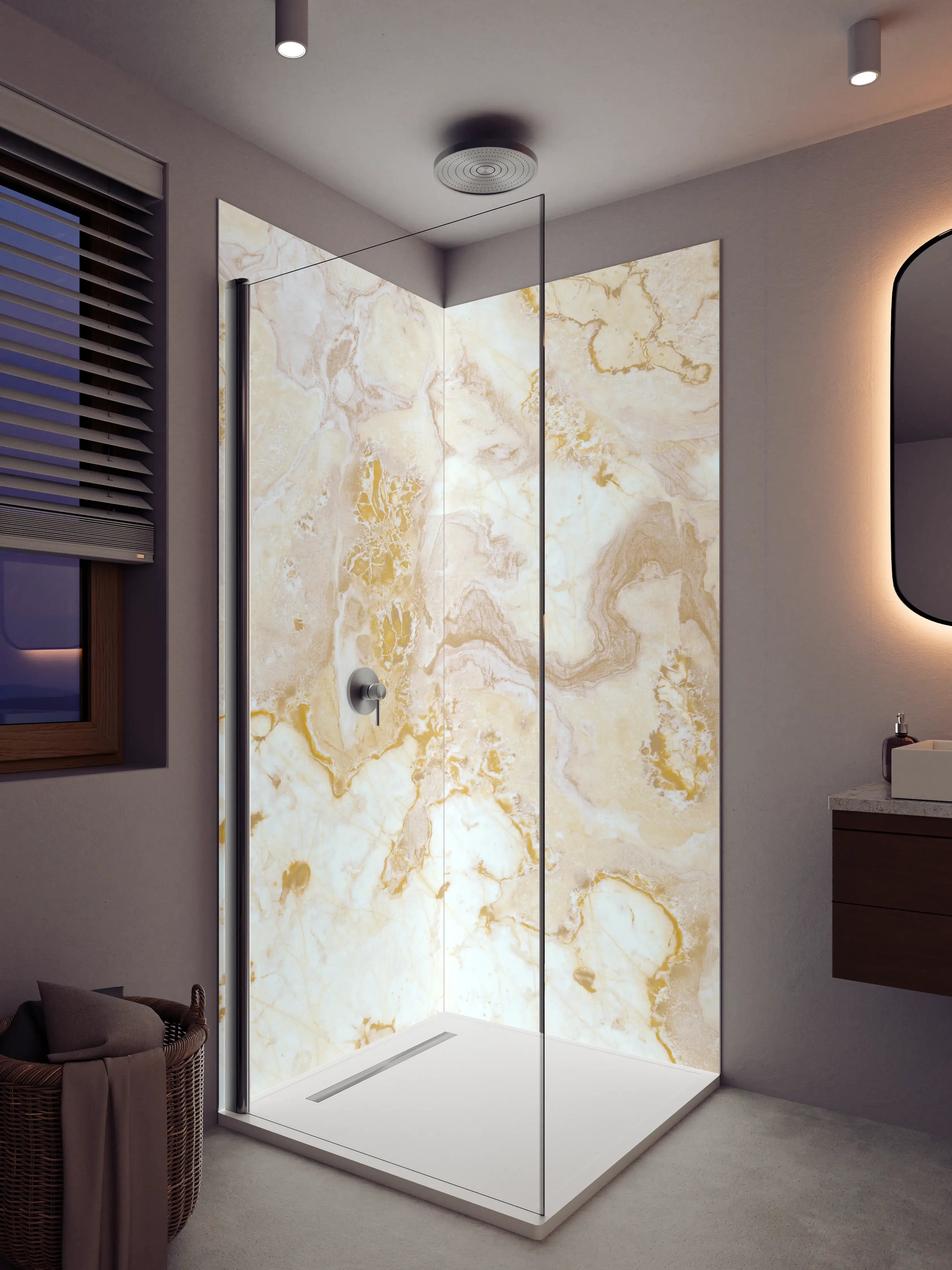 Duschrückwand - Graue Marmor-Glanz mit Goldakzenten