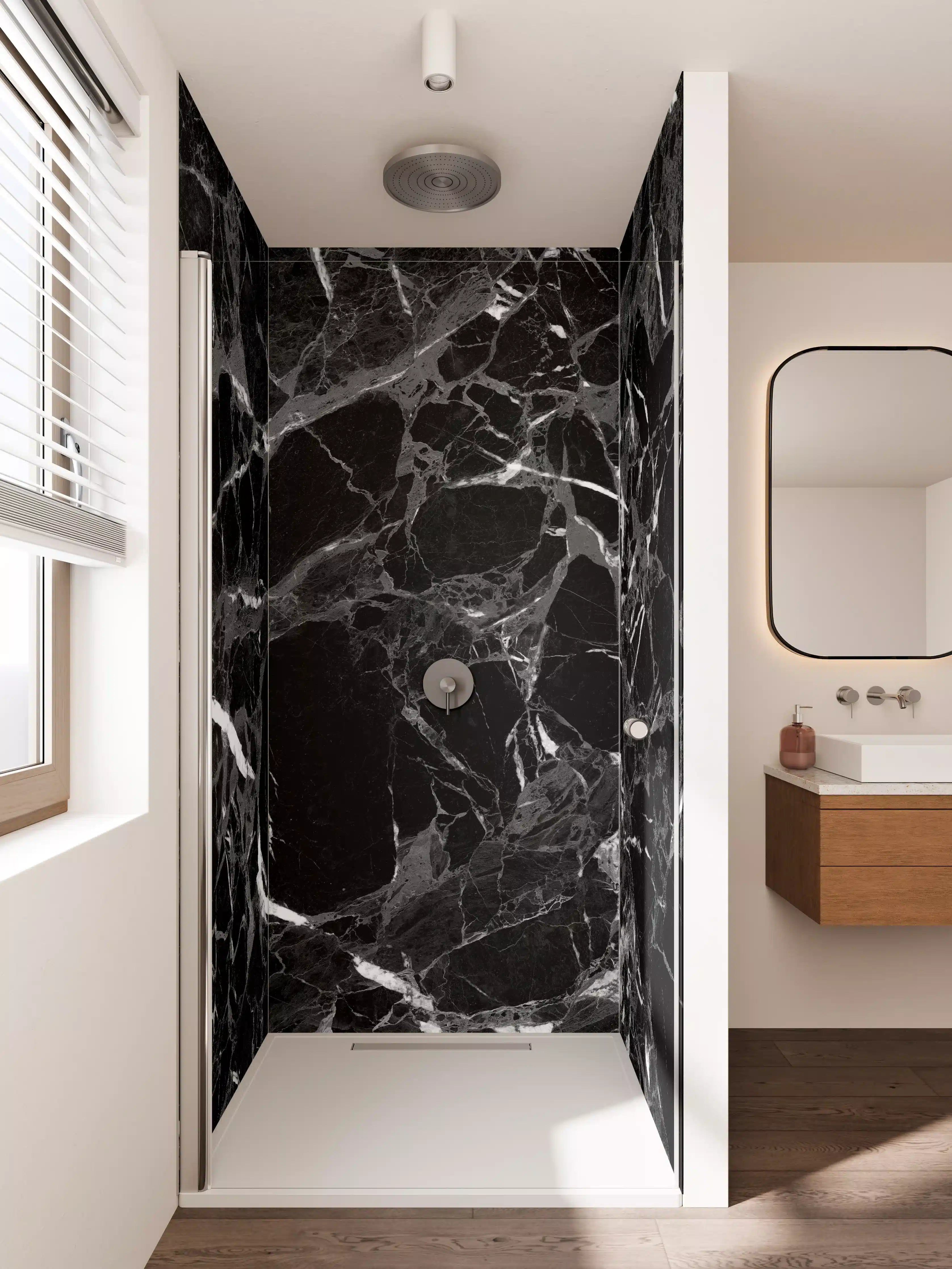 Duschrückwand - Graue Marmoradern mit weißen Nuancen