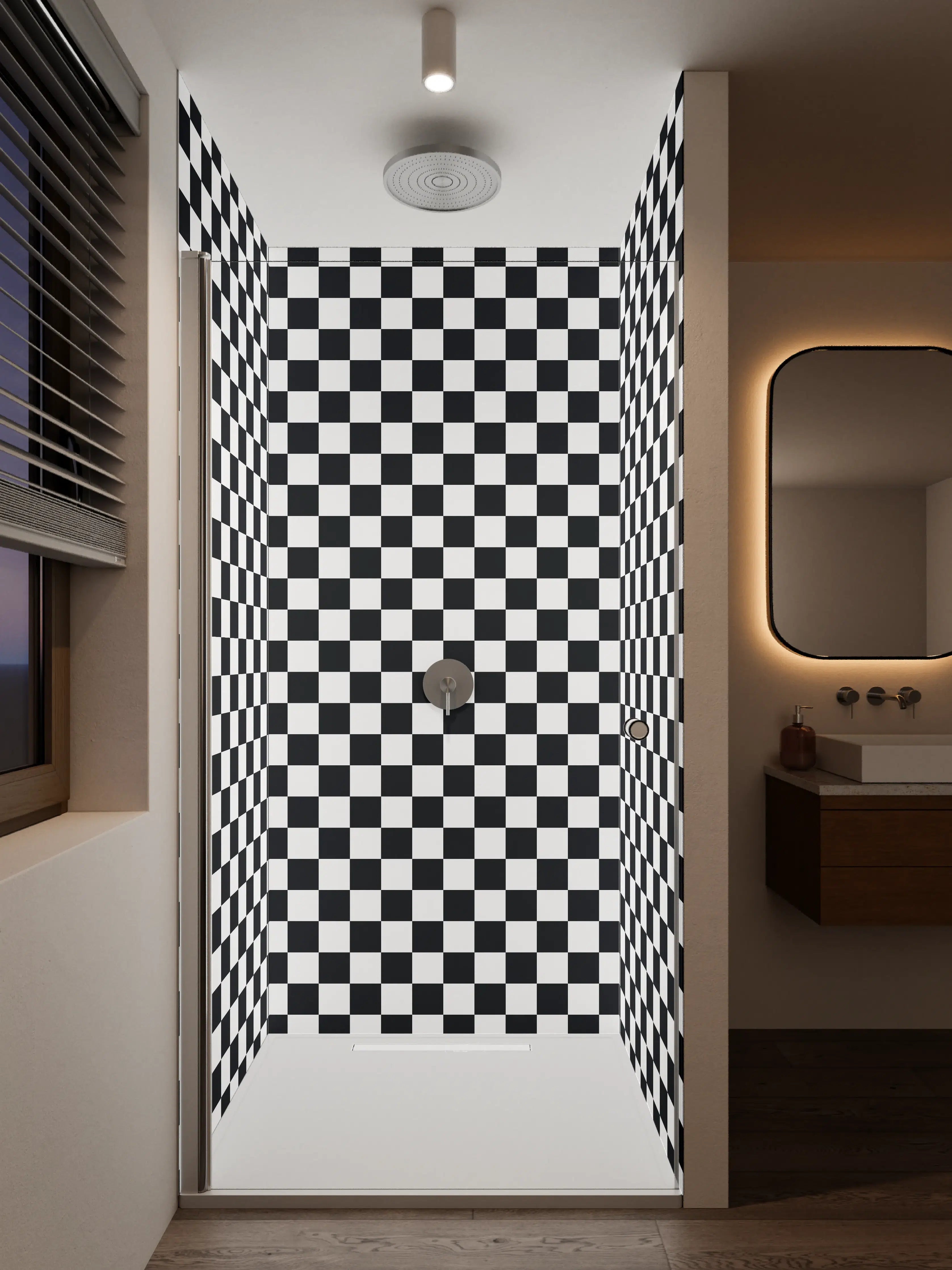 Duschrückwand - Graue Schatten im Schwarz-Weiß-Gitter