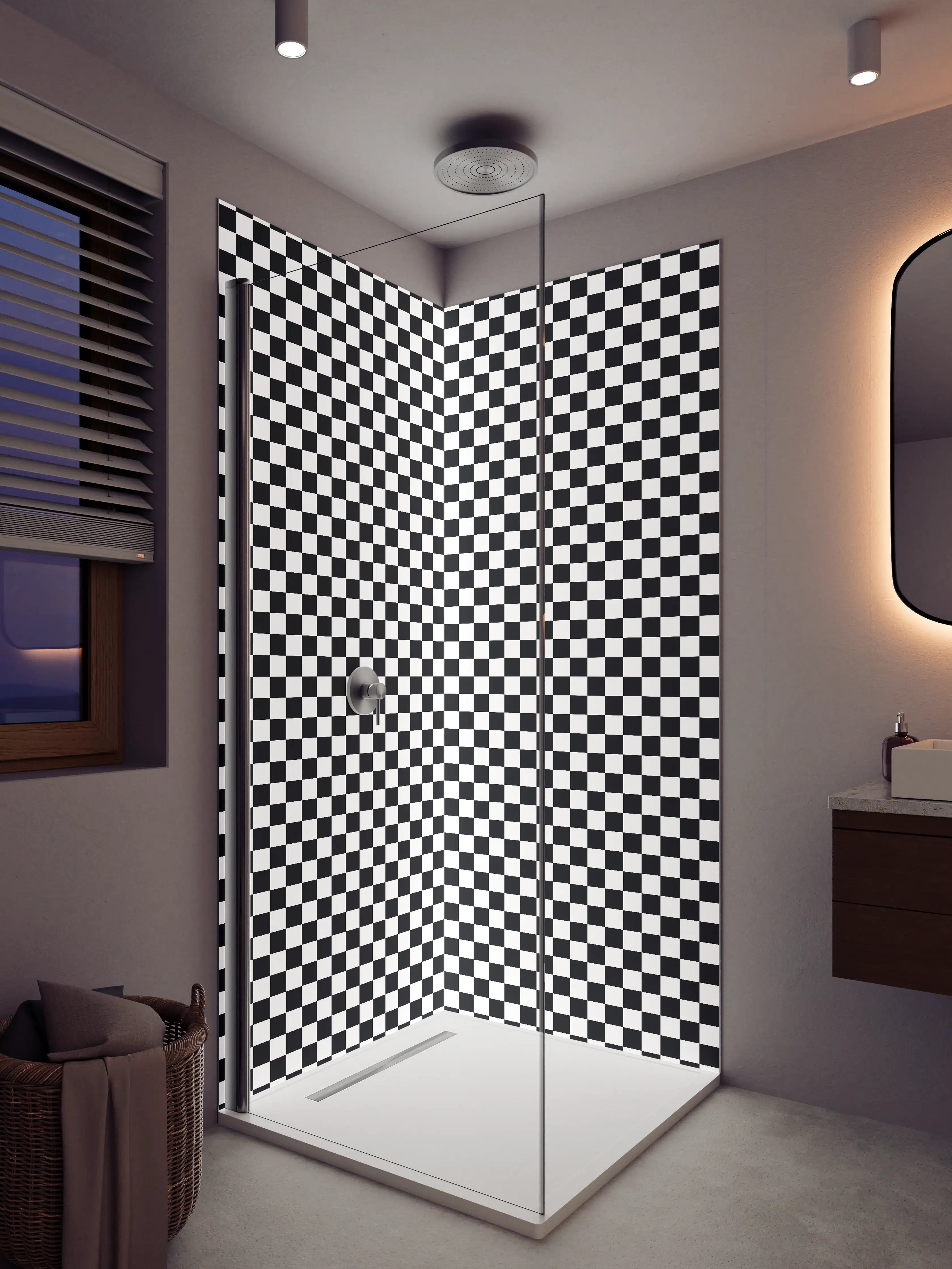 Duschrückwand - Graue Schatten im Schwarz-Weiß-Gitter