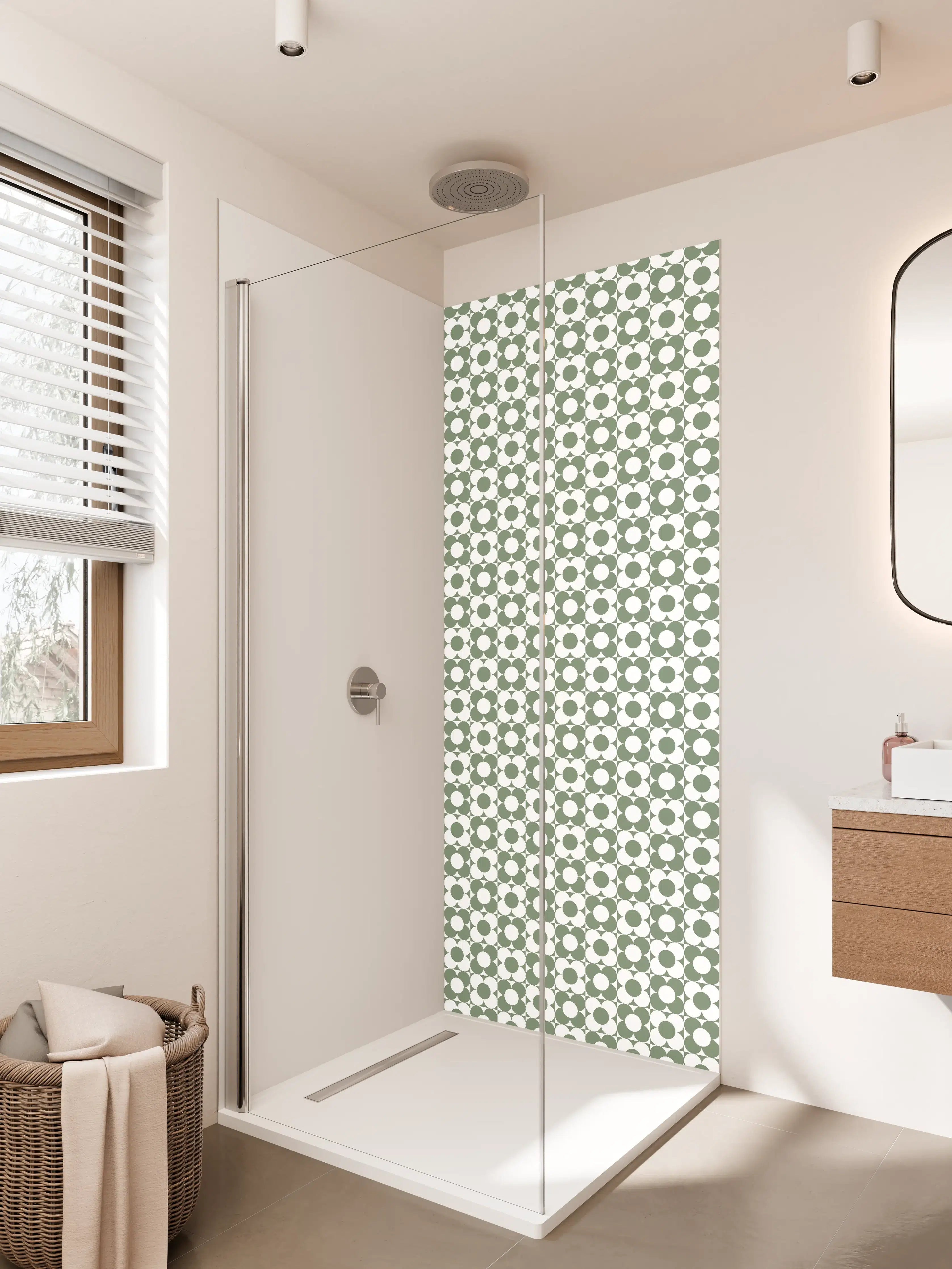 Duschrückwand - Graue Schatten im weißen Geometrie-Muster