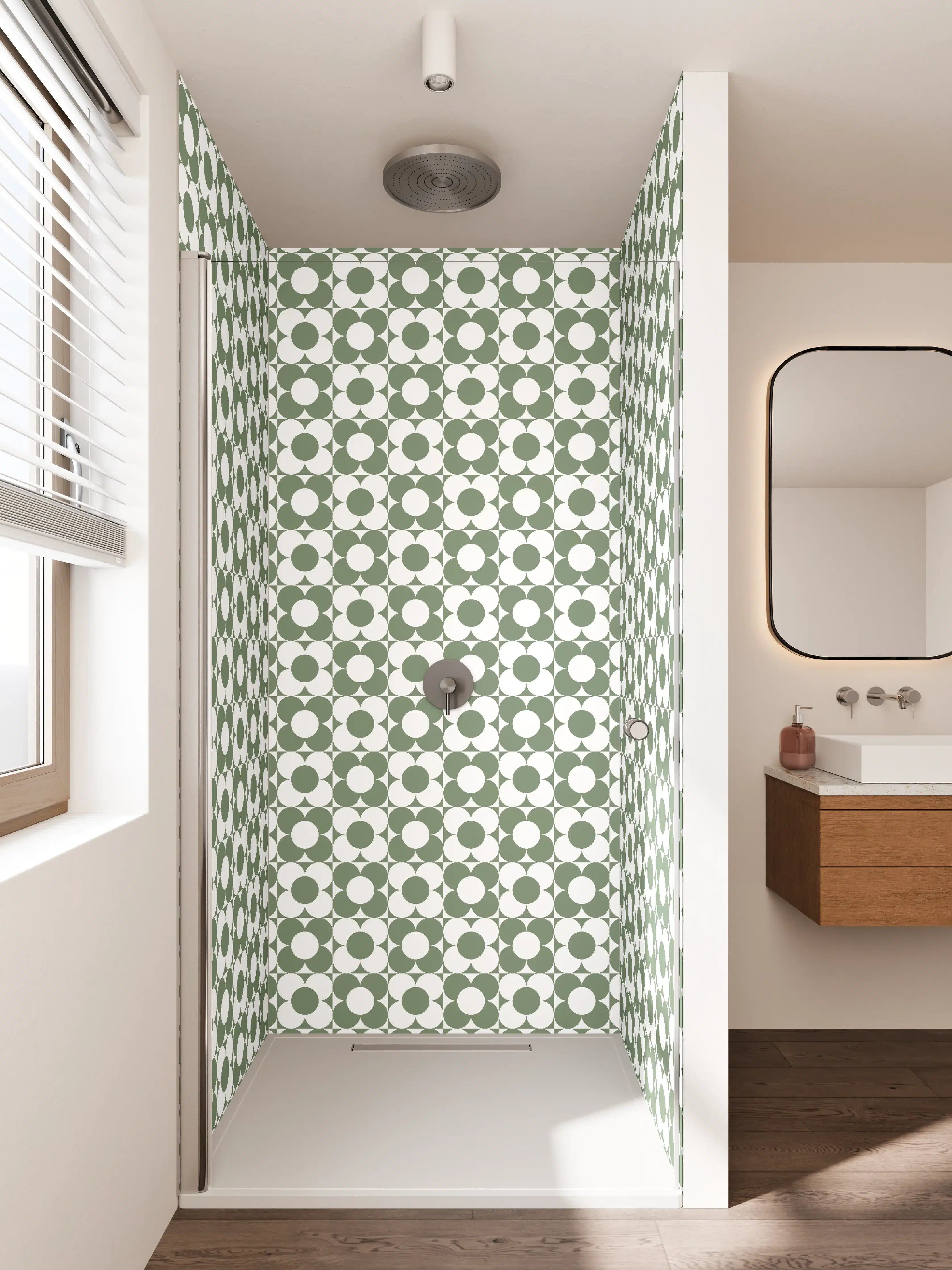 Duschrückwand - Graue Schatten im weißen Geometrie-Muster