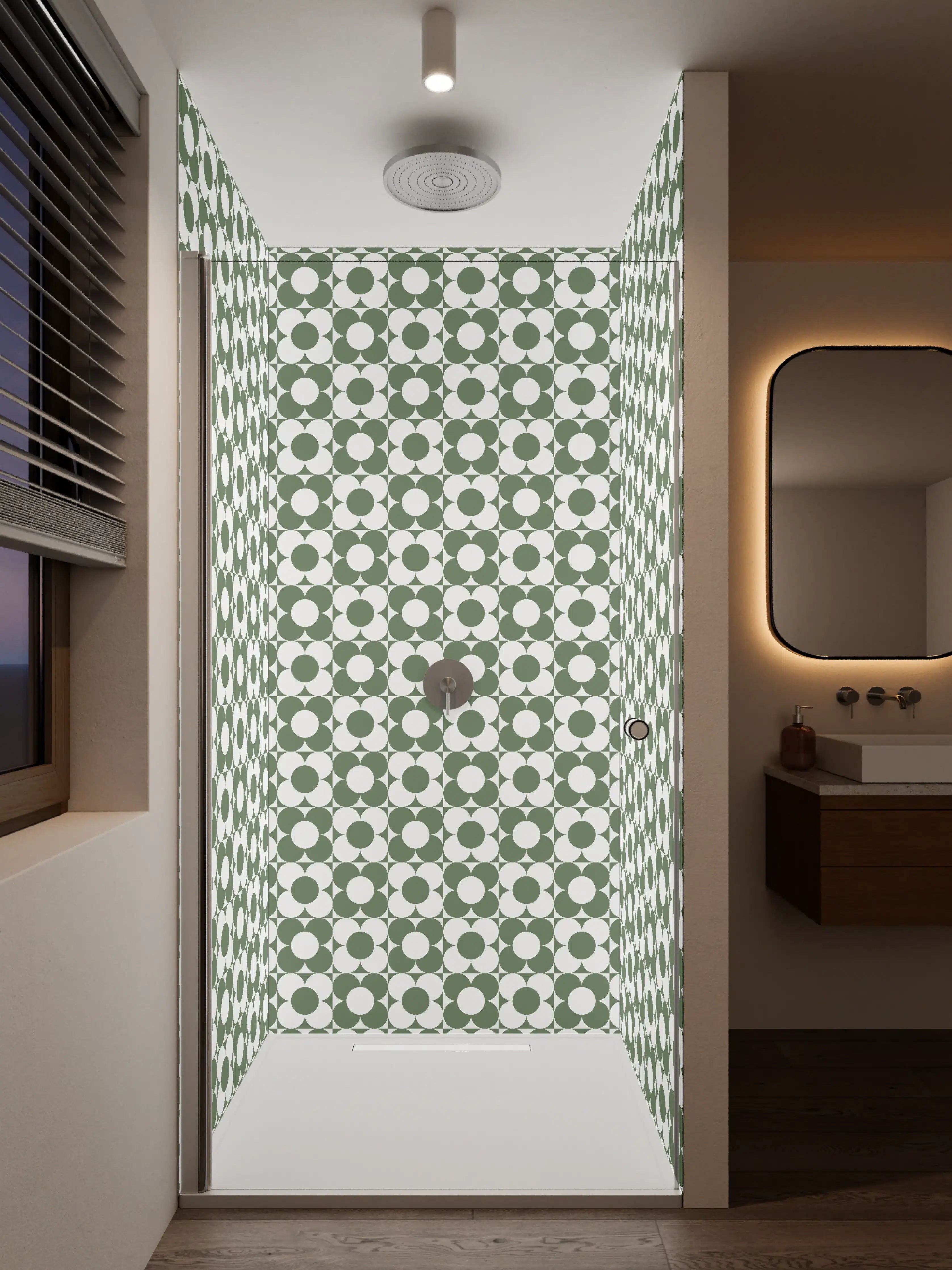 Duschrückwand - Graue Schatten im weißen Geometrie-Muster