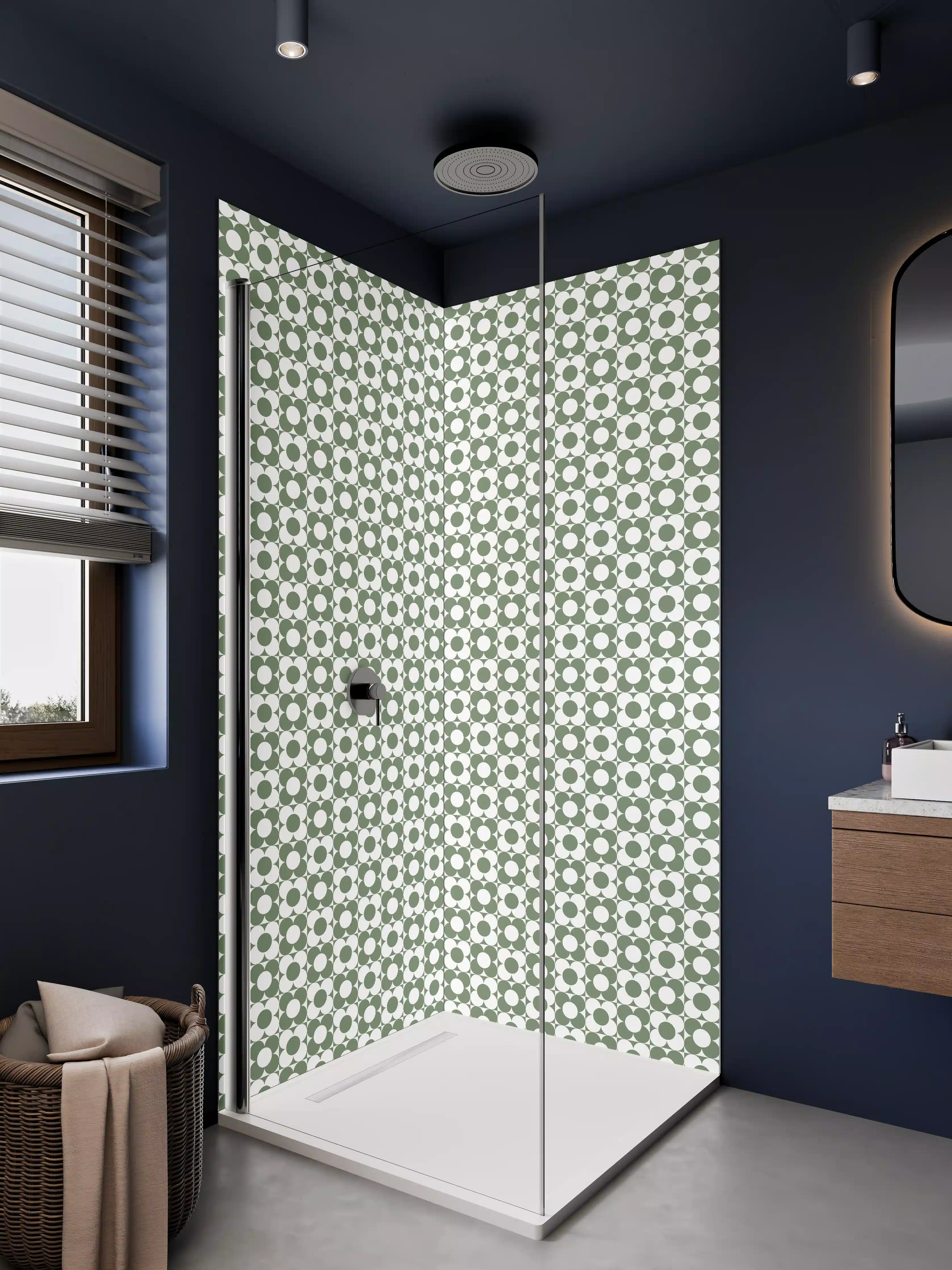 Duschrückwand - Graue Schatten im weißen Geometrie-Muster