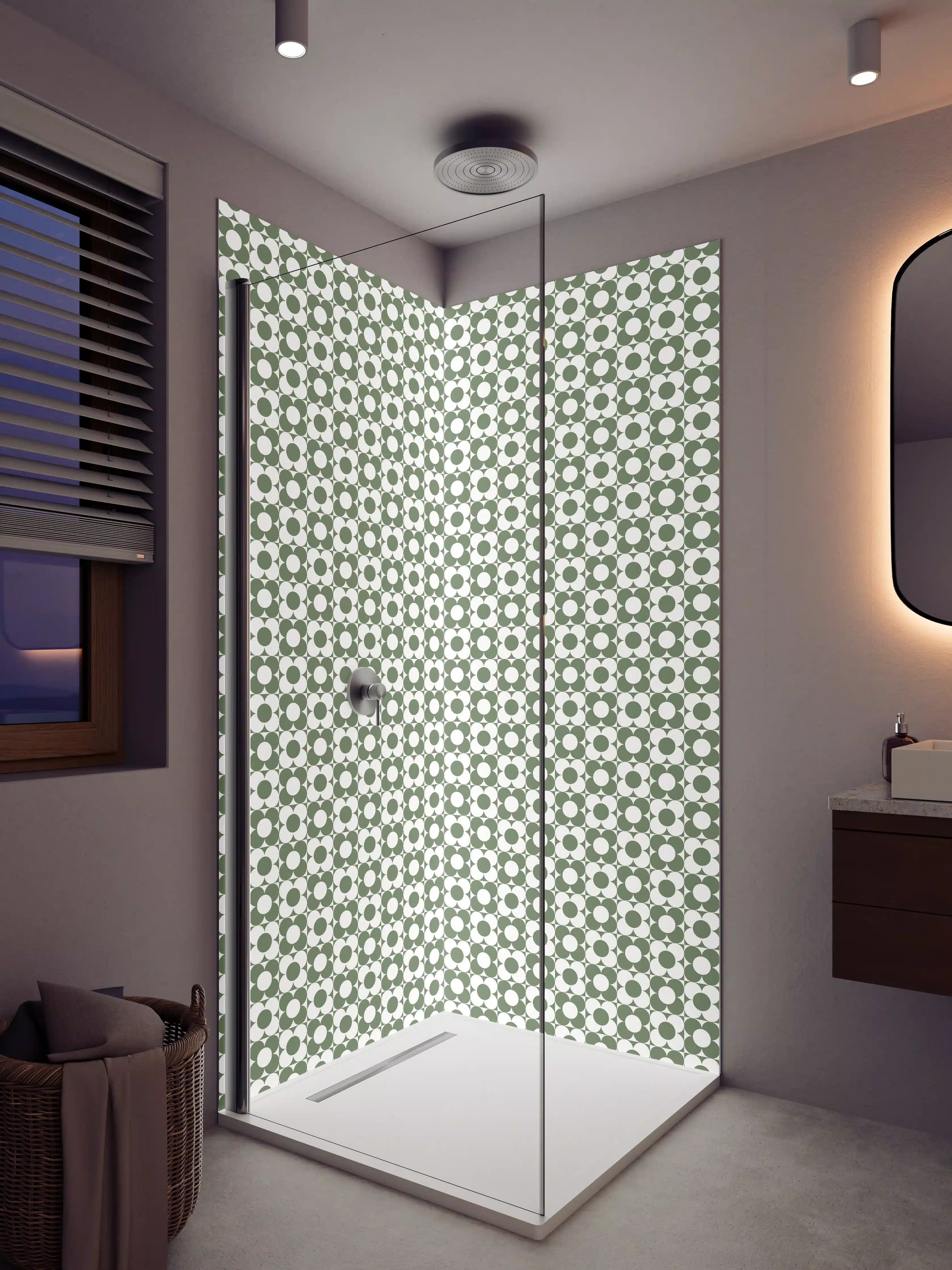 Duschrückwand - Graue Schatten im weißen Geometrie-Muster