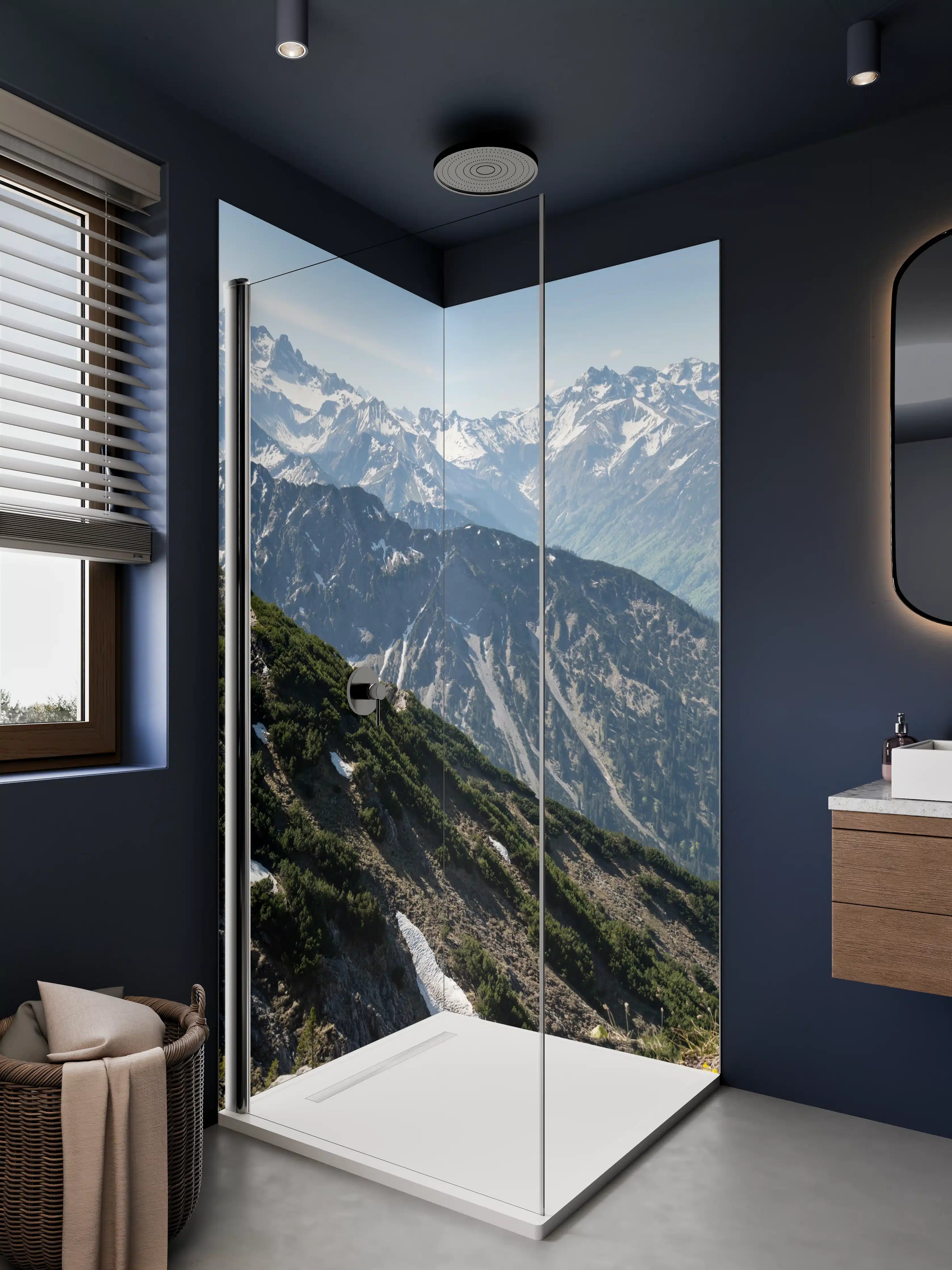 Duschrückwand - Graue Schneegipfel im Morgenlicht